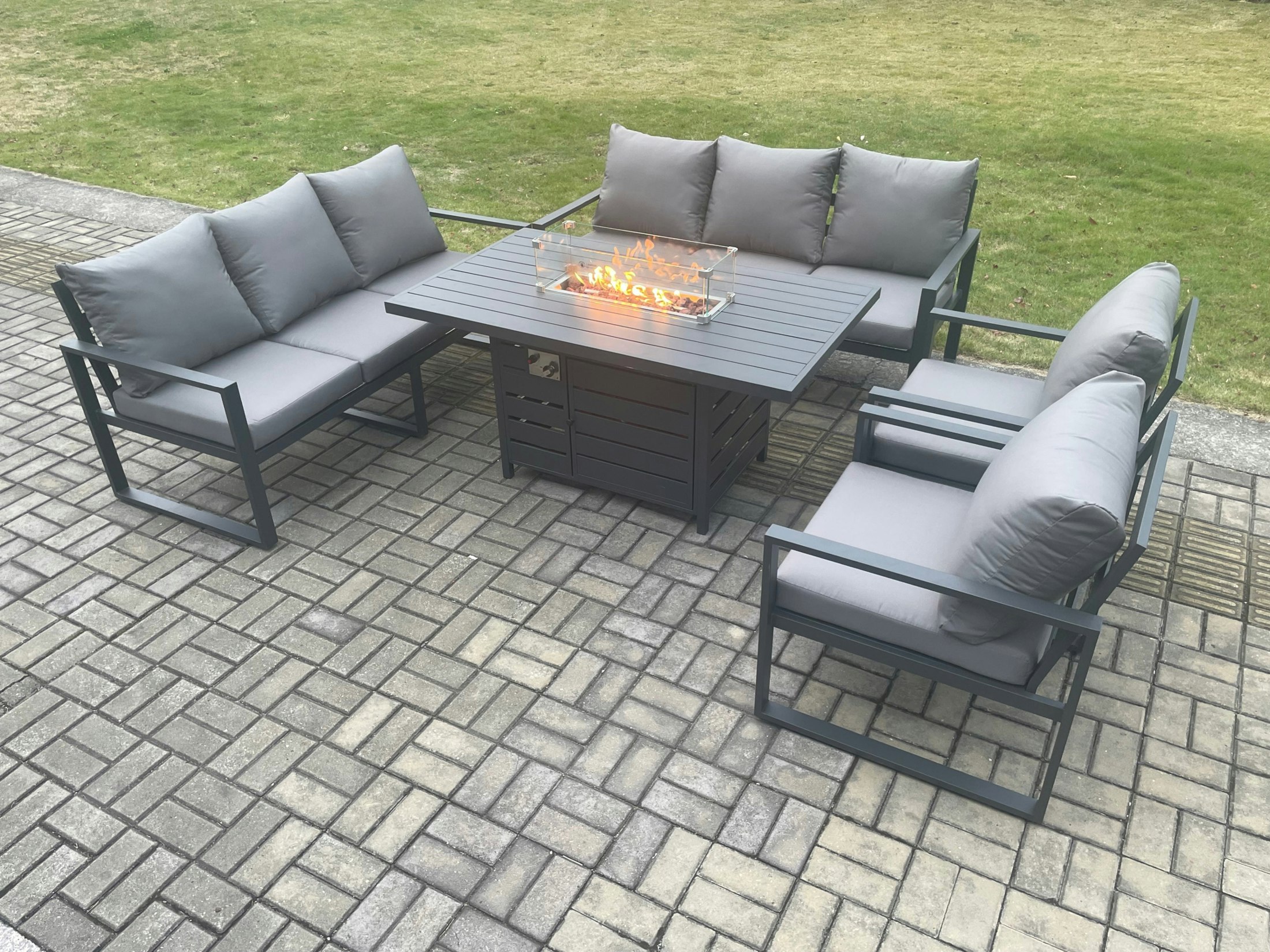 Rackhams Dark/Grey Aluminium 5 Pieces Garden Furniture Sofa Set With Cushions 8 Seater Gas Fire Pit Dining Table Set