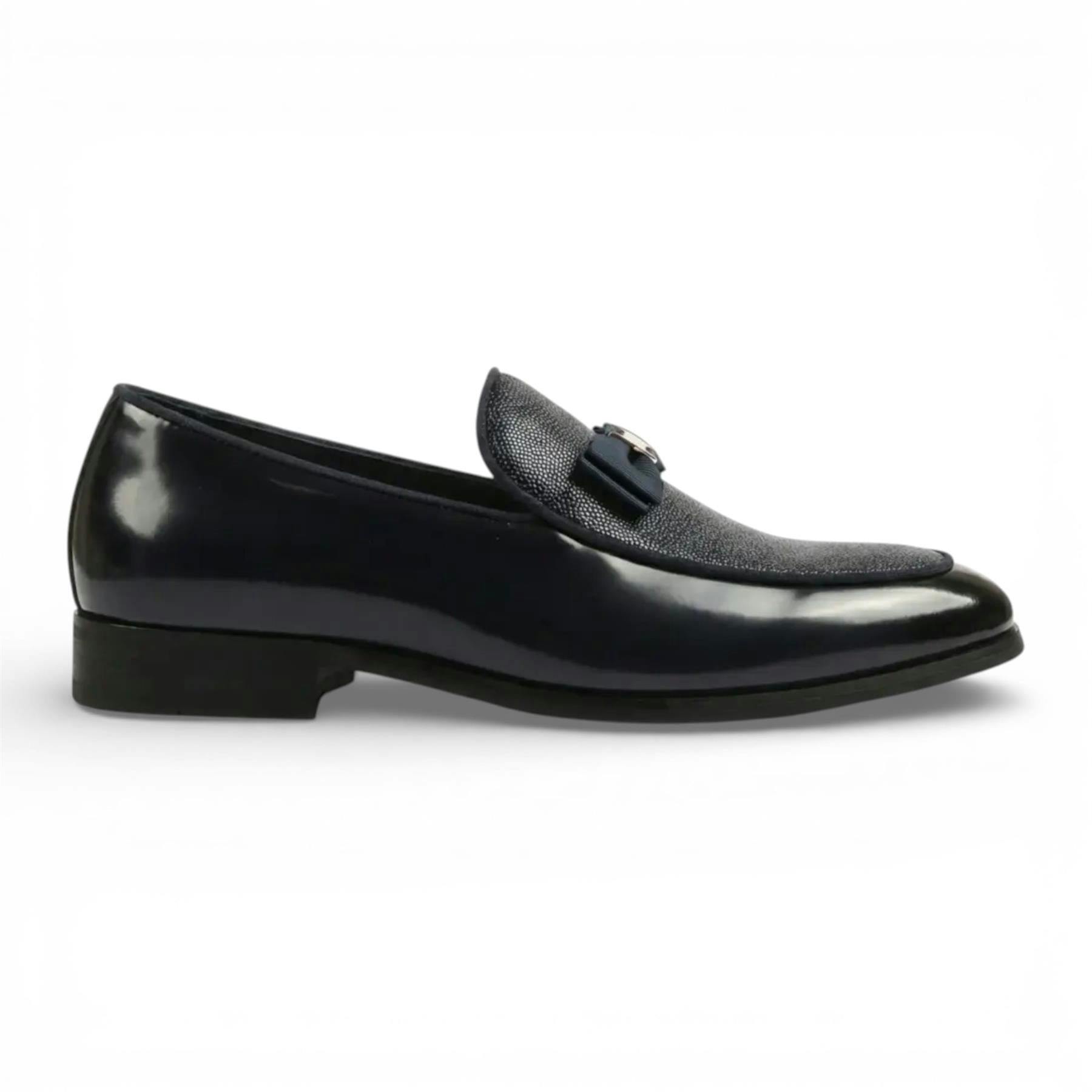Dolcetto Men's Blue Navy Textured Front Iconic Buckle Bow Loafers Shoes - Navy - Uk 10 | Eu 44 | Us 11