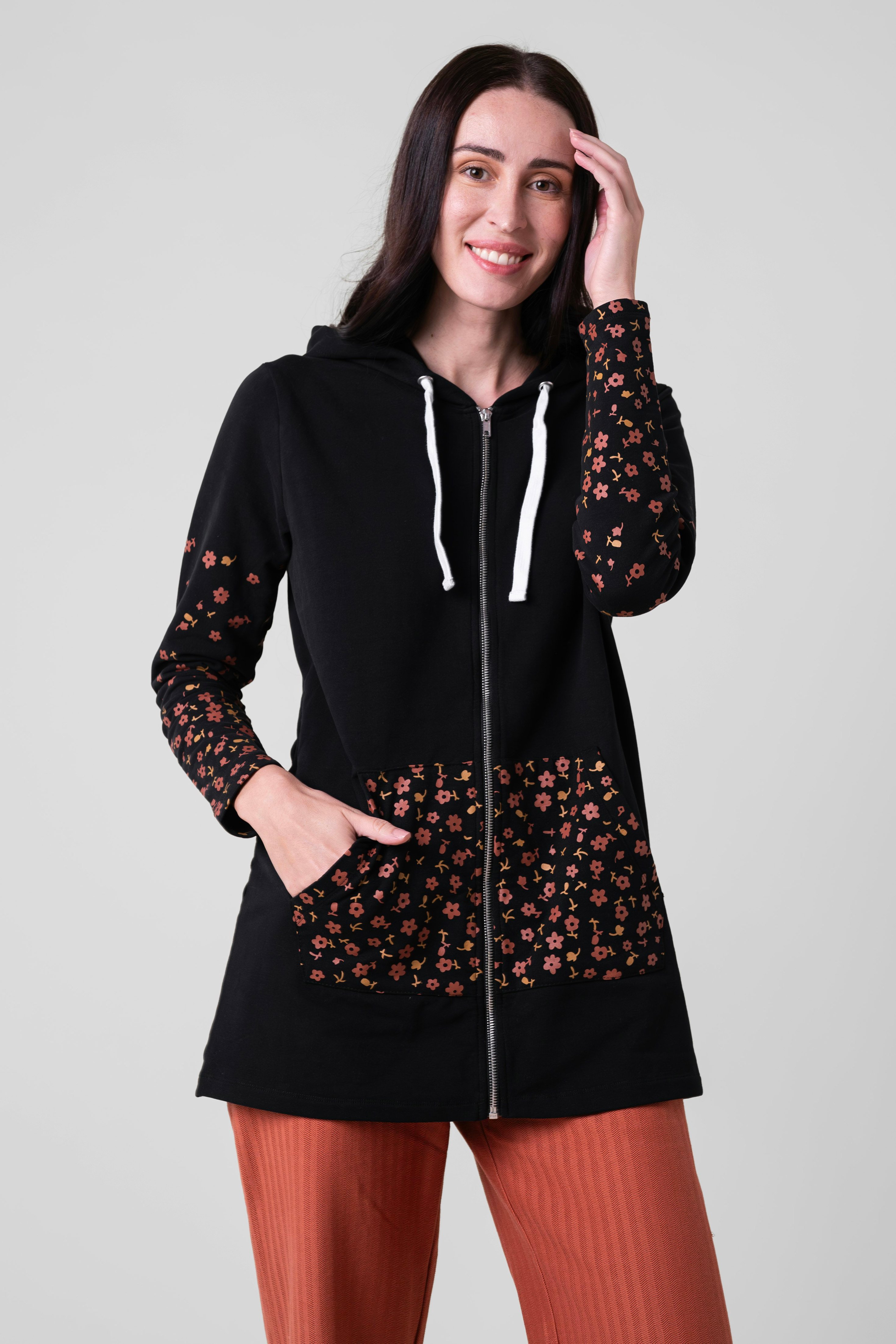 Enorsia Women's Black Longline Zip Front Hoodie - 8 - 92% Cotton, 8% Elastane