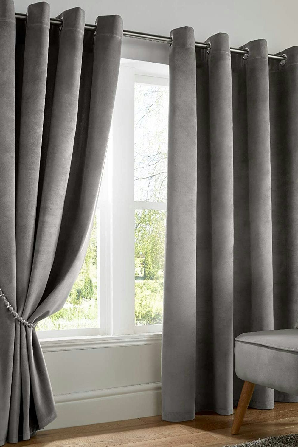 Rackhams Silver Velvet Blackout Eyelet Curtains - 46 X 54"