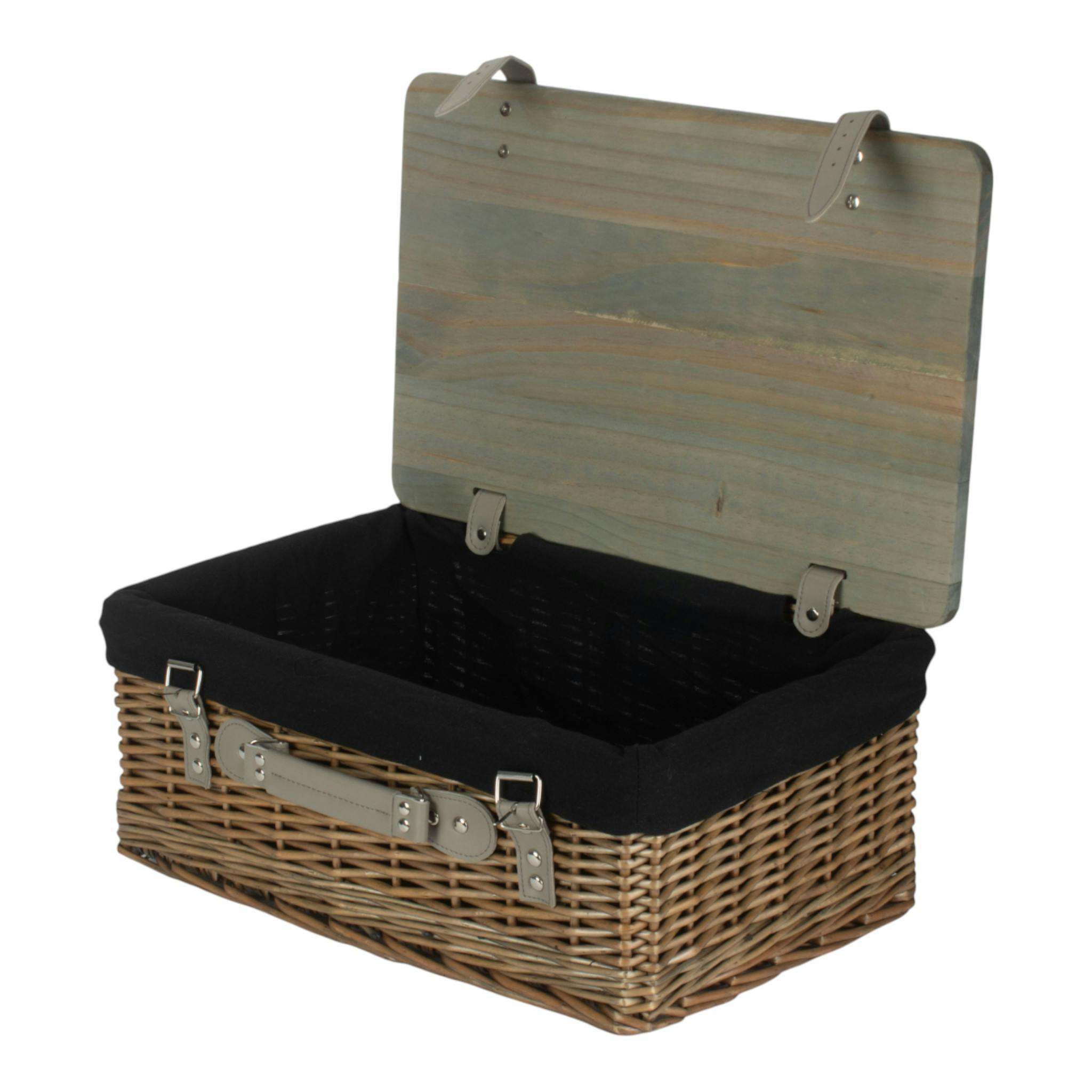 Rackhams Black Antique Wash Lined Willow Picnic Basket With Pinewood Lid - Medium - 1 - Wicker And Pinewood