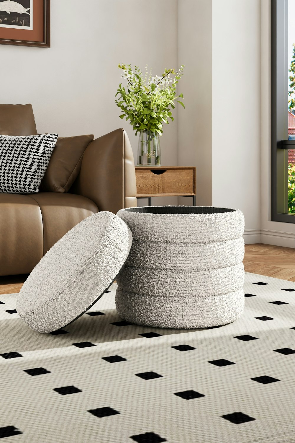 Living And Home Beige Upholstered Round Storage Ottoman For Bedroom Living Room And Makeup Room