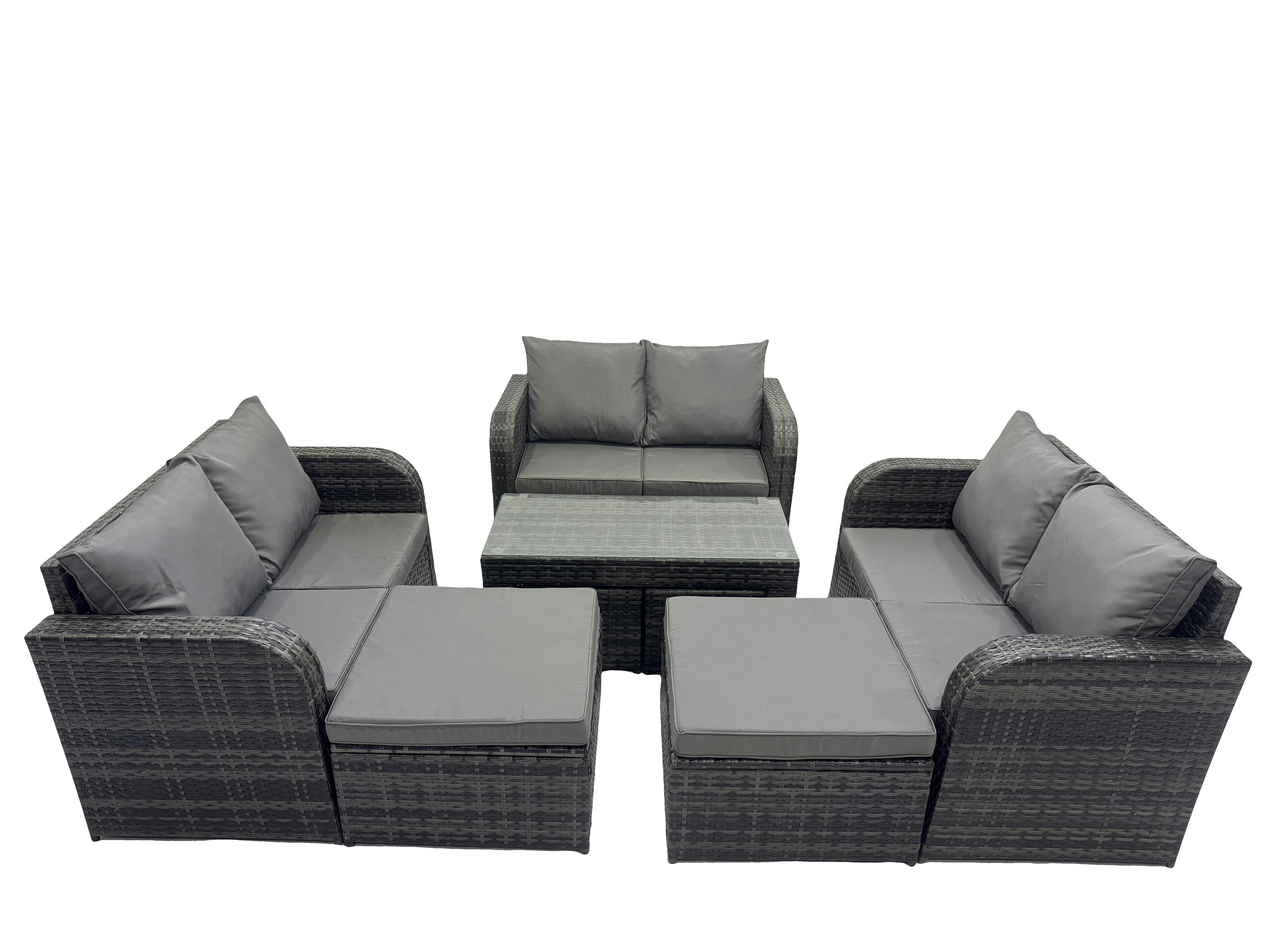 Fimous Dark/Grey 3 Seater Sofa Reclining Chair Coffee Table Set Rattan Garden Outdoor Furniture Set With 2 Big Footstools Mixed