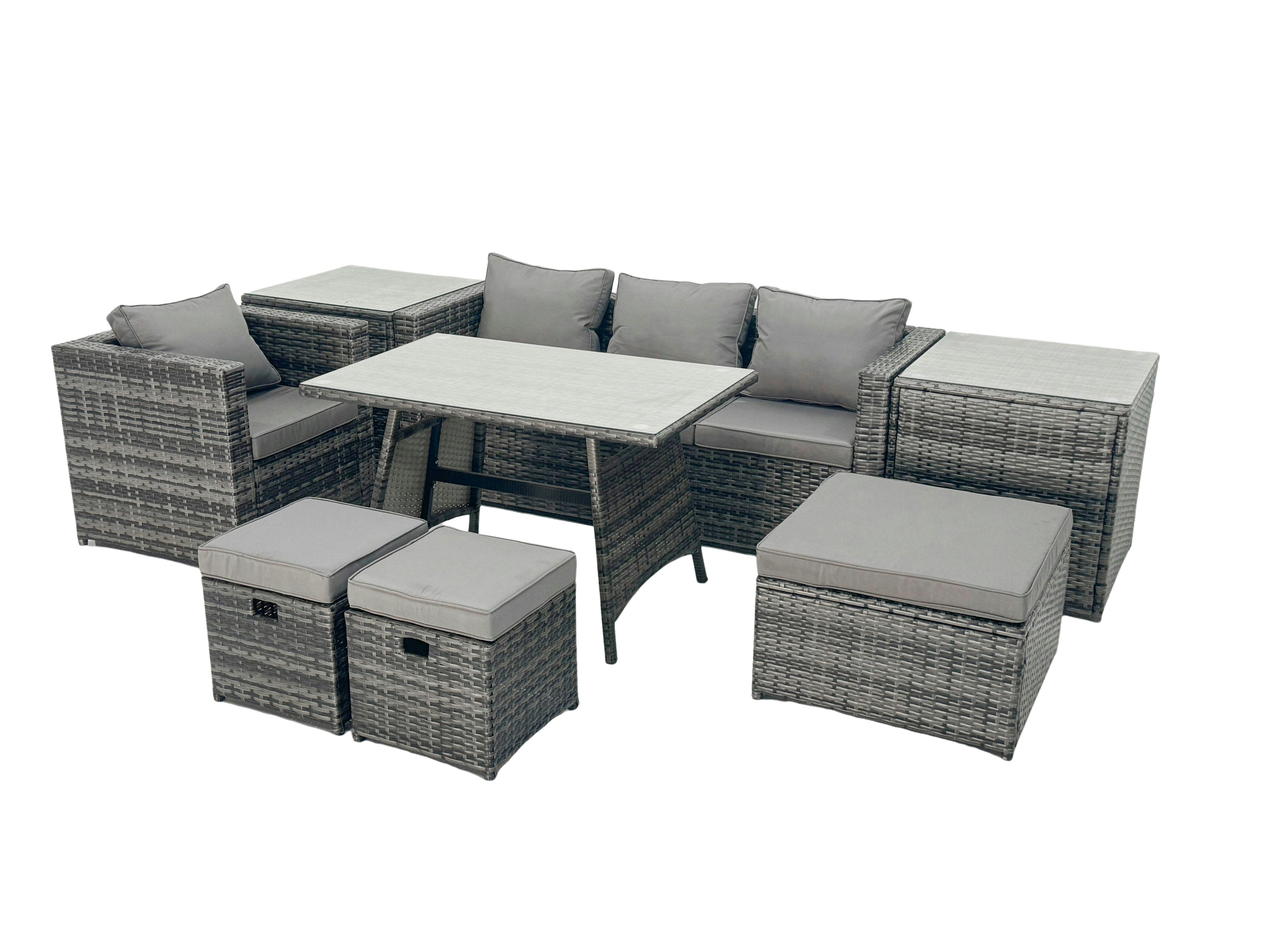 Rackhams Dark/Grey Rattan Dining Table Sofa Armchair Set With 2 Side Tables 3 Footstools Outdoor Garden Furniture Set Mixed