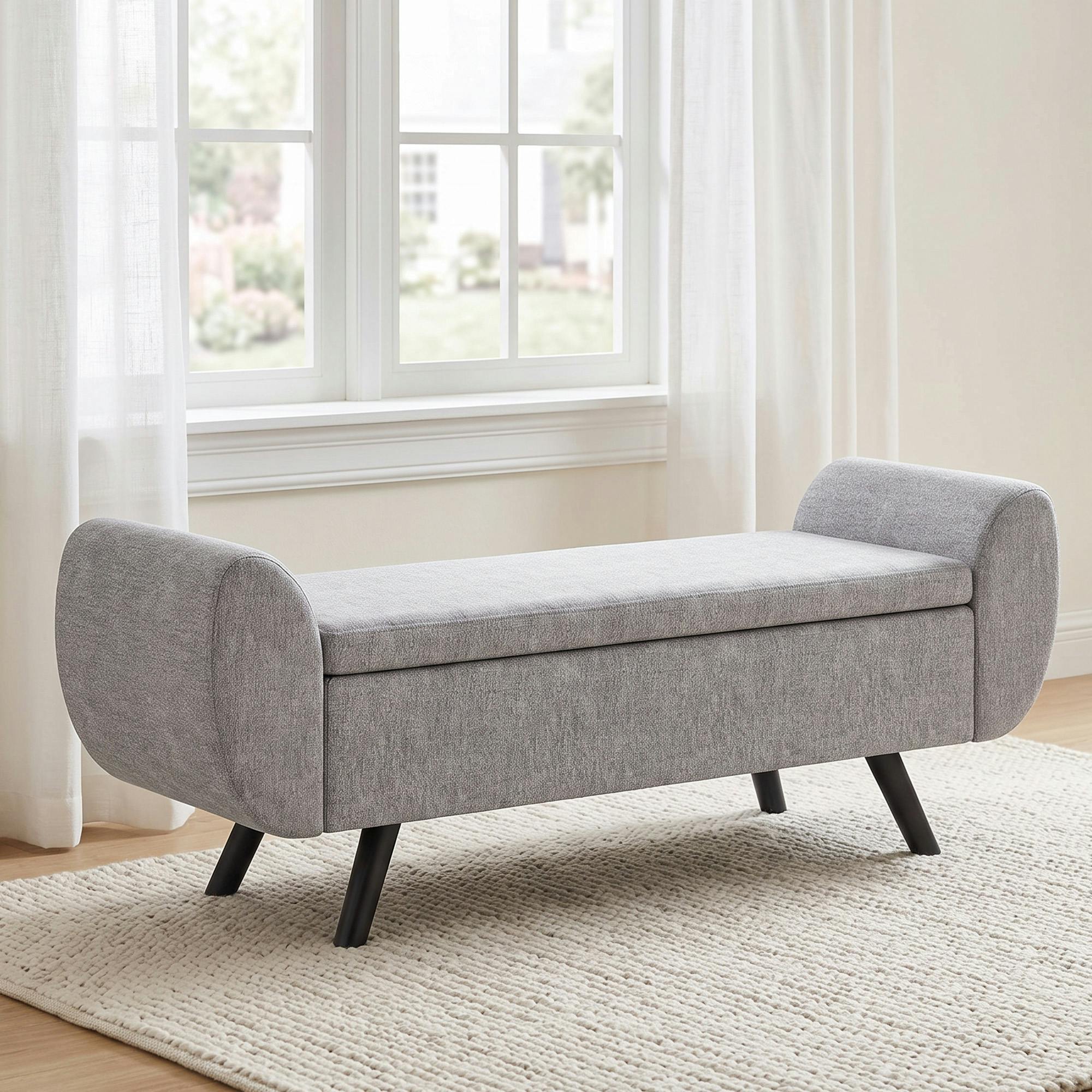 Rackhams Dark/Grey Storage Ottoman With Armrest, Upholstered Linen Storage Bench - 1 - Storage Ottoman