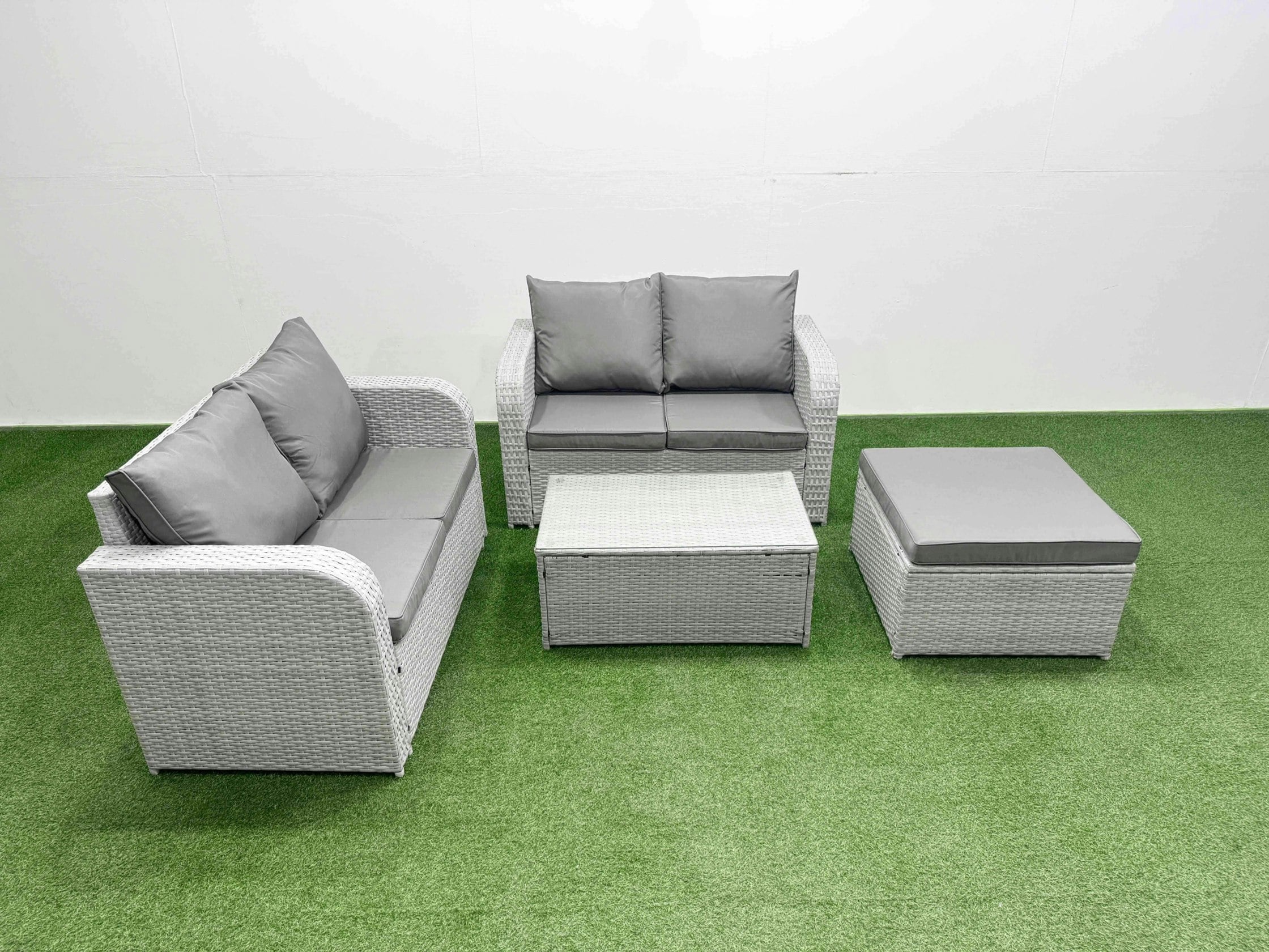 Rackhams Light/Grey 5 Seater Outdoor Love Sofa Set Rattan Garden Furniture Set With Rectangular Coffee Table Big Footstool