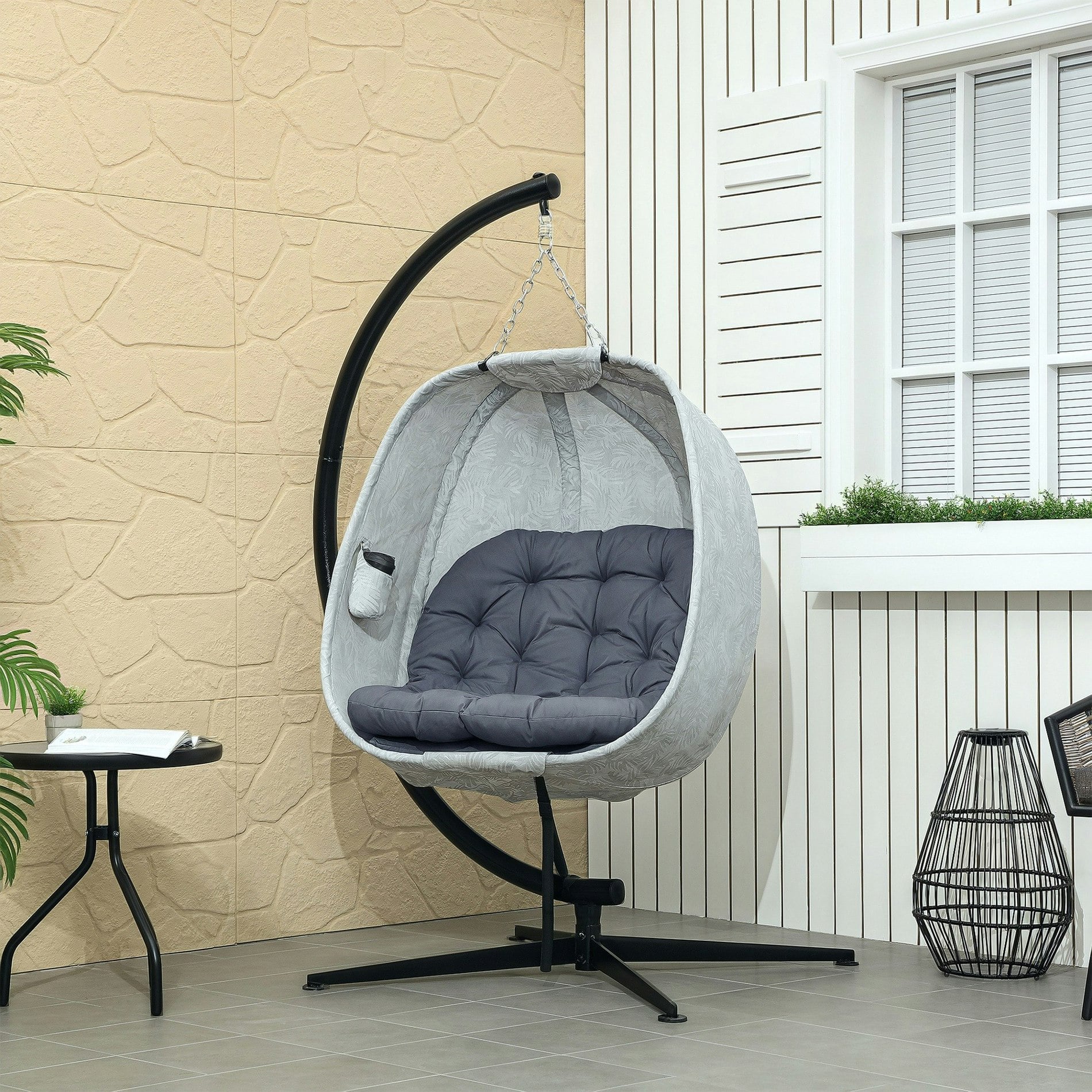 Outsunny Grey Hanging Egg Chair Outdoor Indoor Swing Chair, Folding Basket,