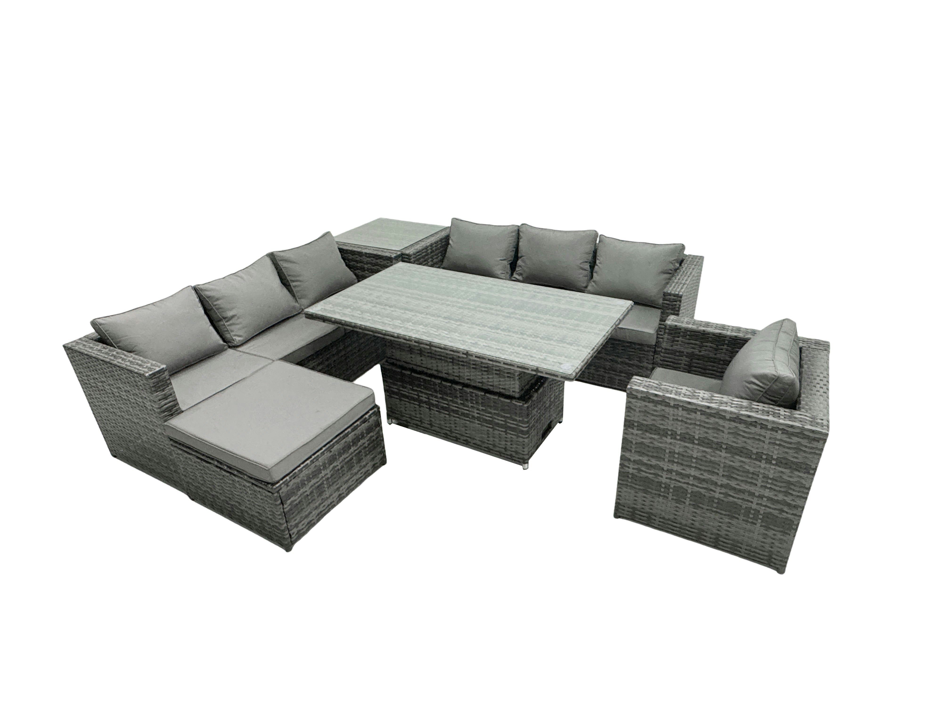 Fimous Dark/Grey 8 Seater?Outdoor Rattan Sofa Set Adjustable Rising Lifting Side Tables Chairs Footstool Mixed