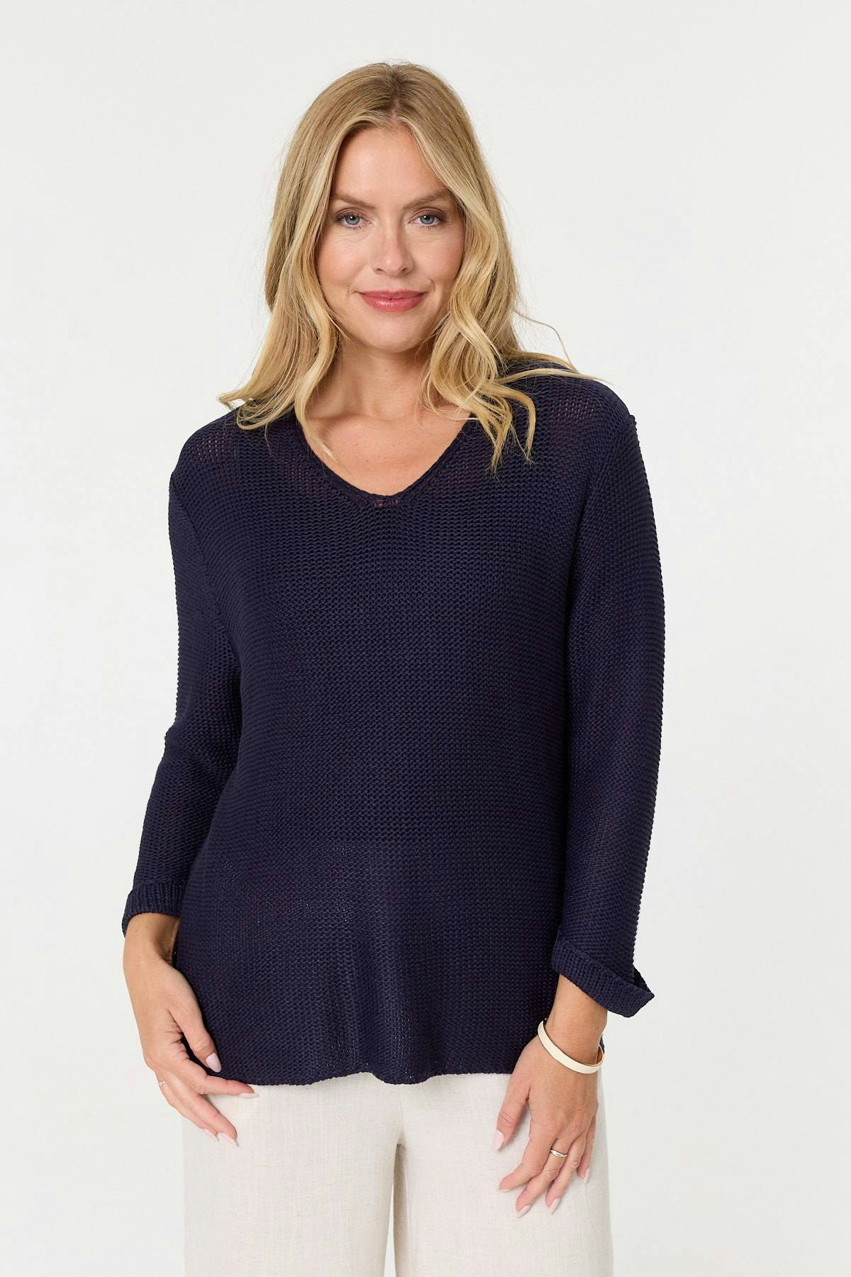 Izabel London Light Mesh Texture 3/4 Sleeve Relaxed Top - 12/14 - Navy