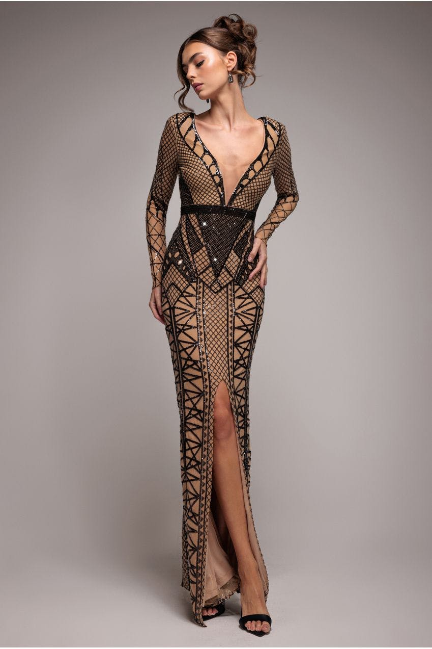Goddiva Women's Black Geometric Sequin Plunge Maxi - By - 18