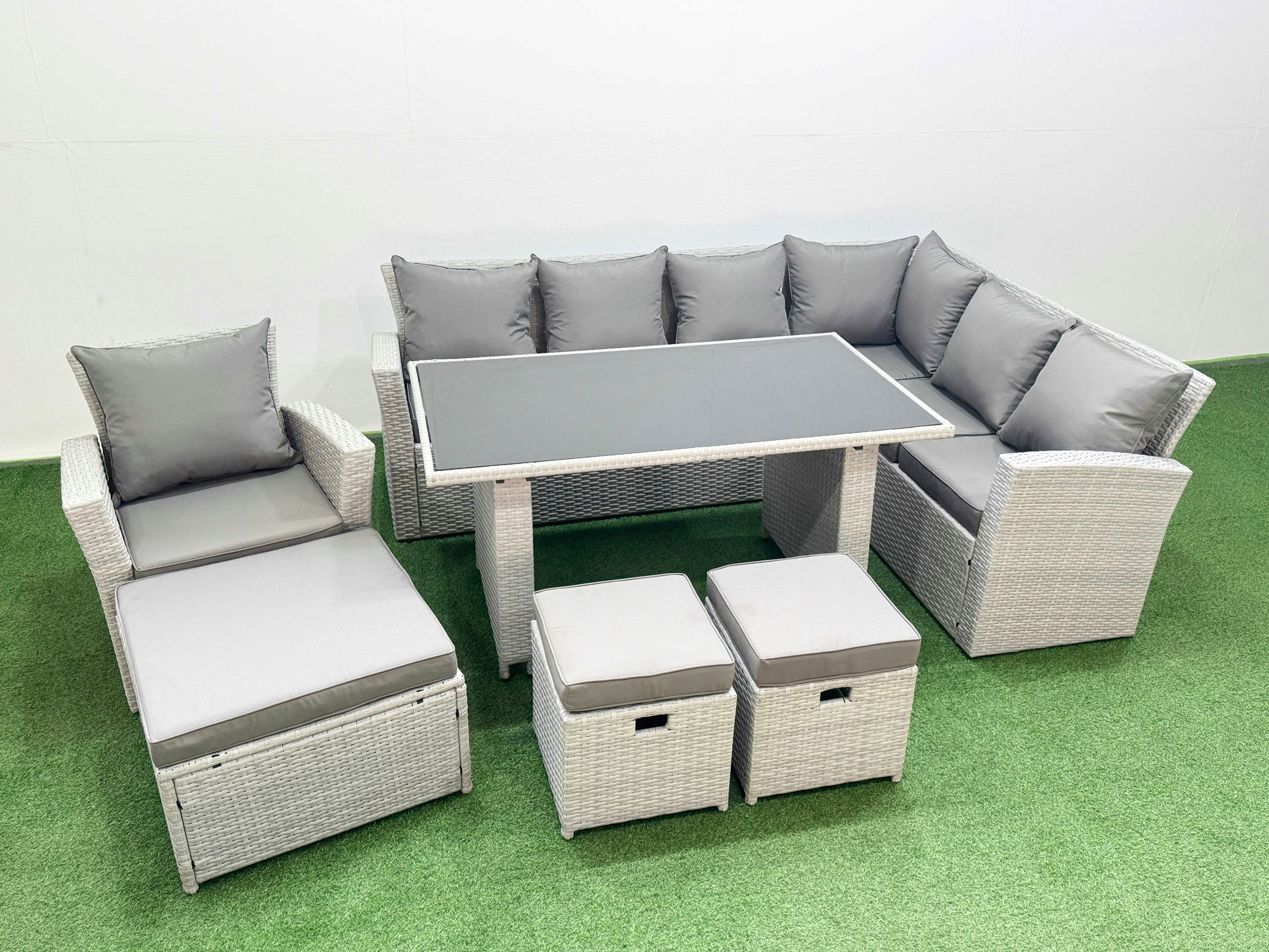 Fimous Light/Grey Outdoor Garden Furniture Set 10 Seater Rattan Corner Sofa Set With Rectangular Dining Table Sofa 3 Footstools Armchair