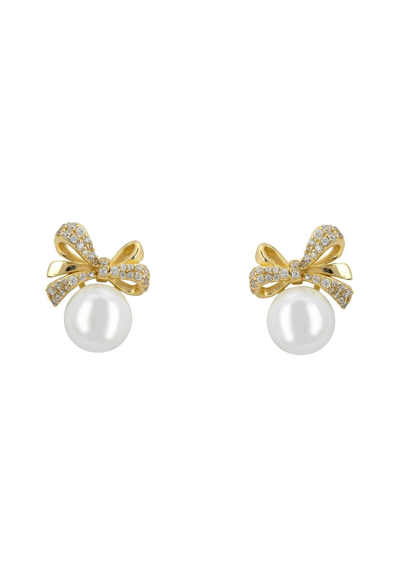 Latelita Gold Ribbon Bow Pearl Stud Earrings
