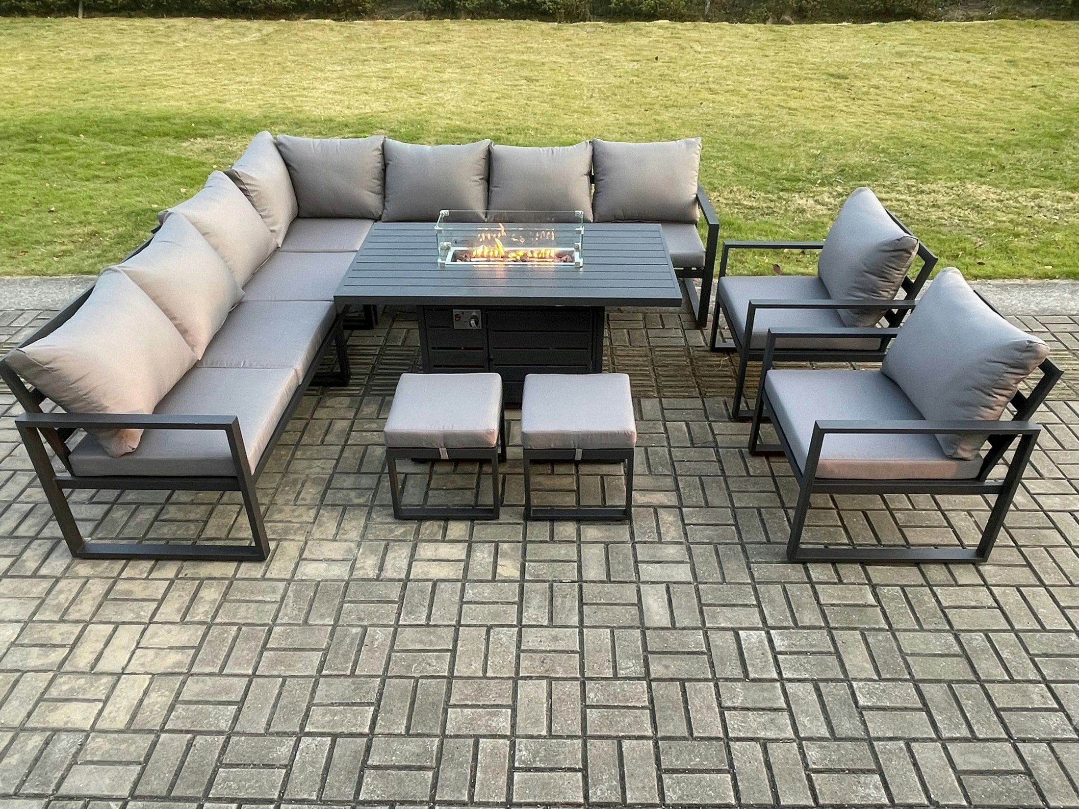 Fimous Dark/Grey Aluminium 11 Seater Garden Furniture Outdoor Set Patio Lounge Sofa Gas Fire Pit Dining Table Set With 2 Chairs 2 Small Footstools