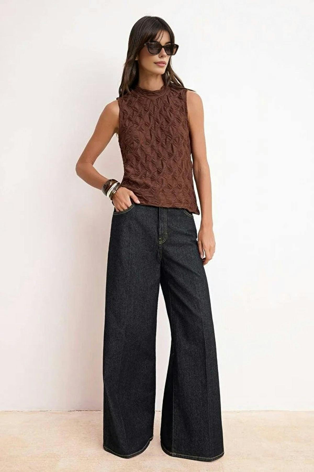 Wovcor Brown Textured Regular Stretch Knit Blouse - Xs