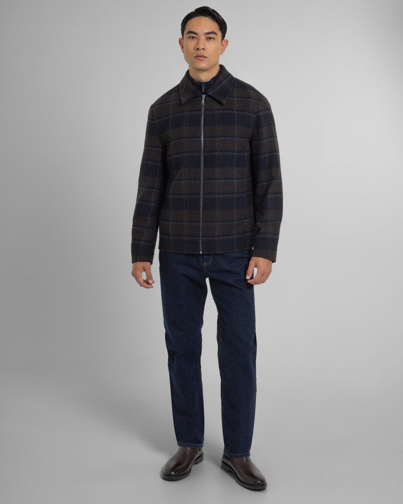 Steel & Jelly Brown Malham - Check Wool Blend Harrington Jacket - L