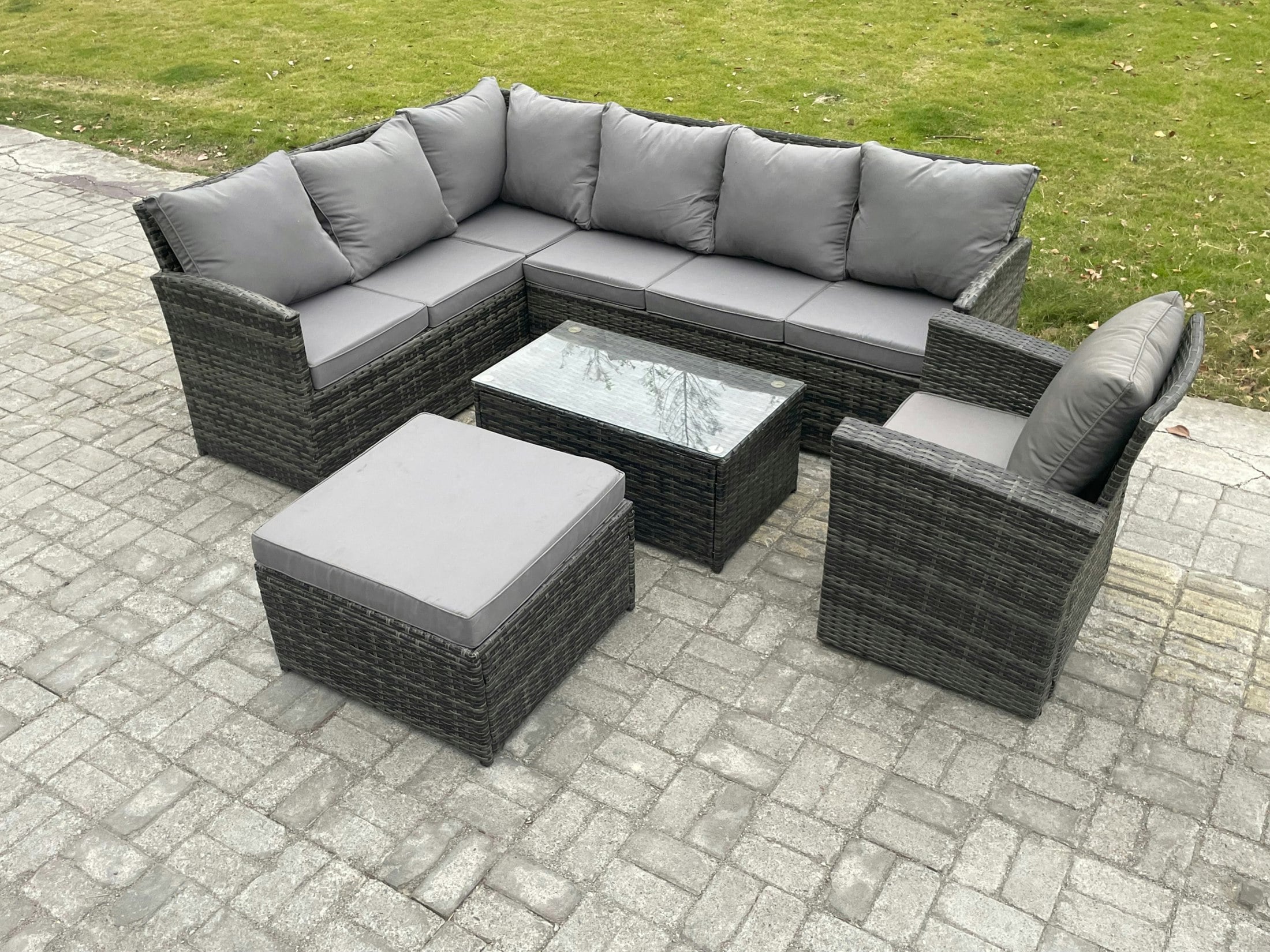 Rackhams Dark/Grey 8 Seater Rattan Lounge Corner Sofa Set Wicker Pe Outdoor Garden Furniture Set With Coffee Table Big Footstool Armchair Mixed