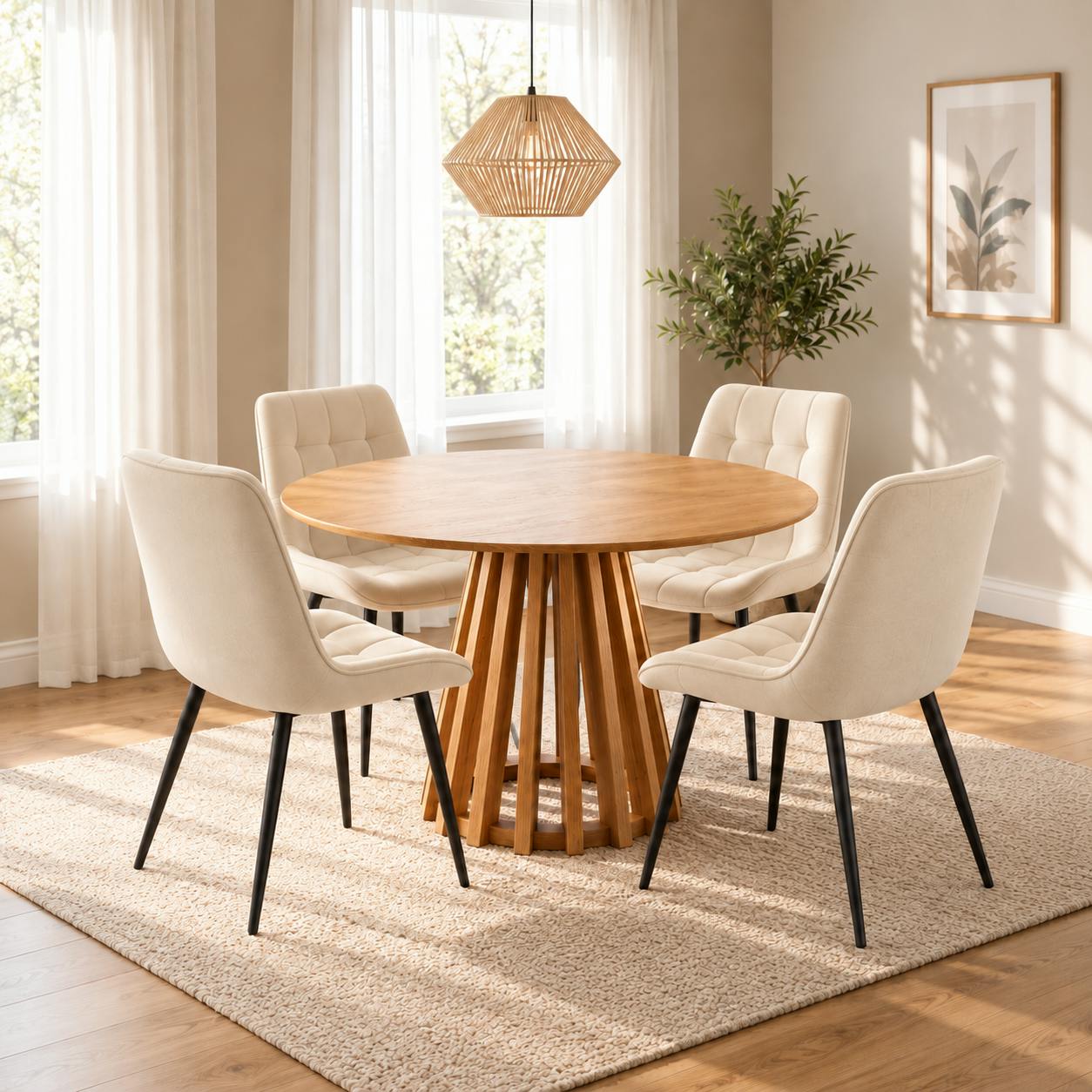 Rackhams Cream Kayci Round Oak Dining Table With 4 Erica Chairs