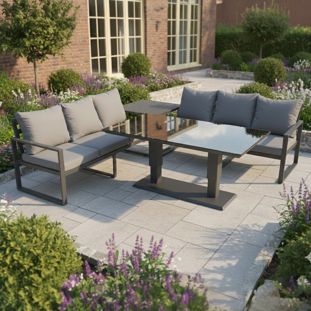 Rackhams Dark/Grey 6 Seater Aluminium Outdoor Garden Furniture Set With Adjustable Dining Table, 3 Seater Sofa, Side Table