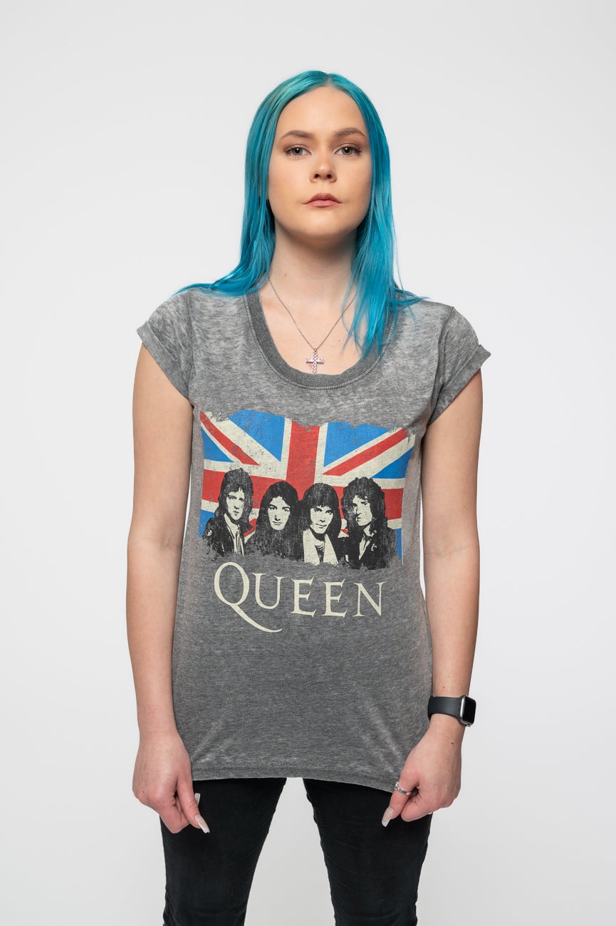 Paradiso Clothing Women's Grey Queen Vintage Union Jack Burnout T Shirt - Xxl