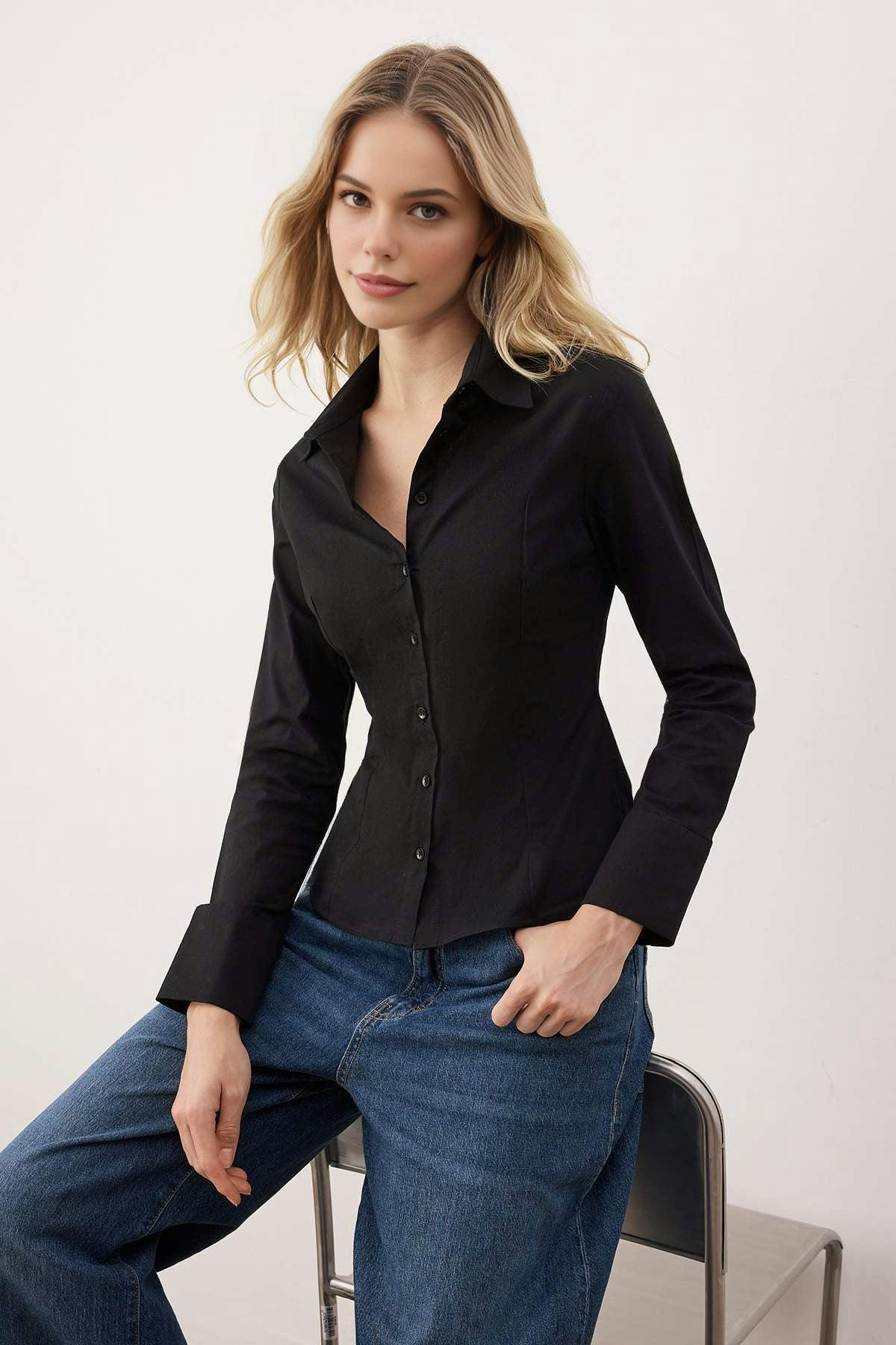 Wovcor Black Waist-Fitting Cotton Woven Shirt - 8