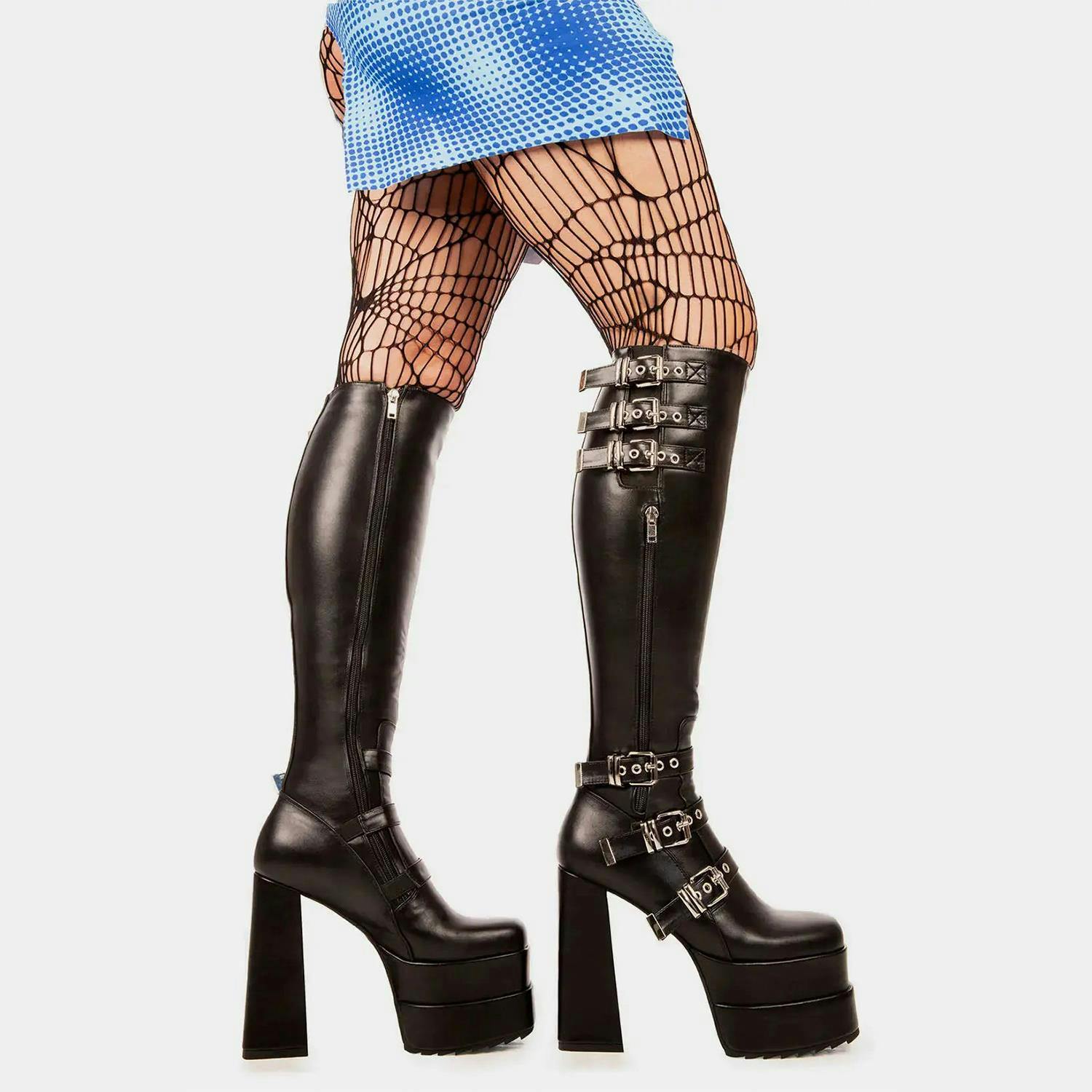 Lamoda Black High Hopes Pu Platform Knee High Boots Chunky Gothic Punk - Uk4