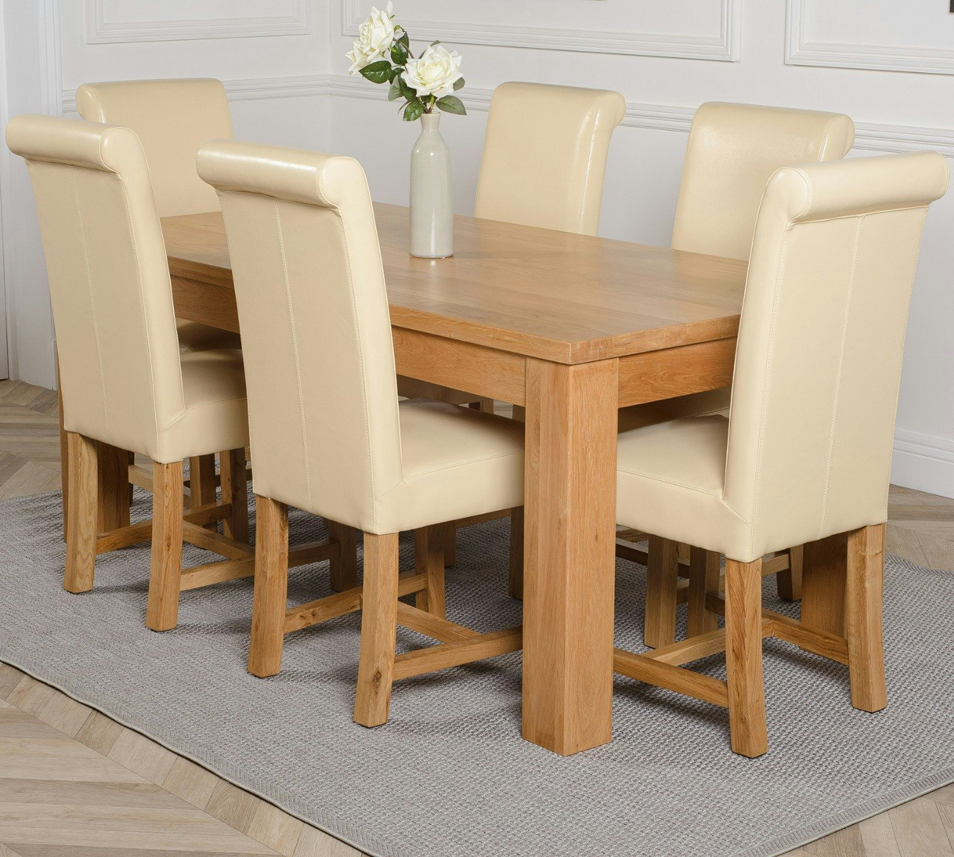 That's Furniture Ivory Dakota Large Oak Dining Table With Washington Leather Chairs - 6 Chairs