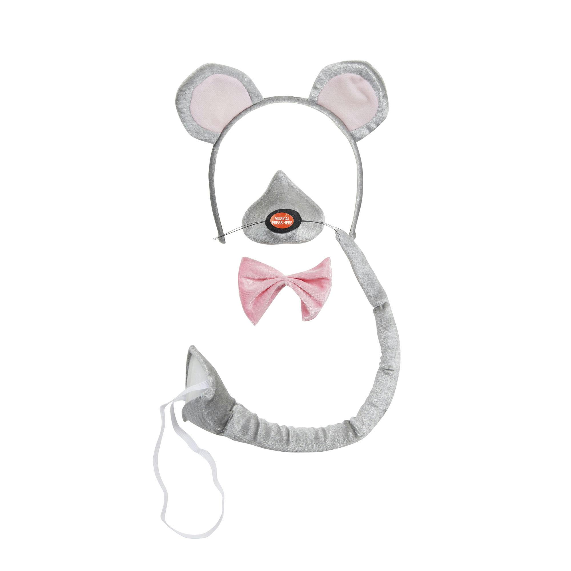 Bristol Novelty Unisex Grey/Pink Mouse Ears Nose Bow Tie And Tail Set With Sound - One Size