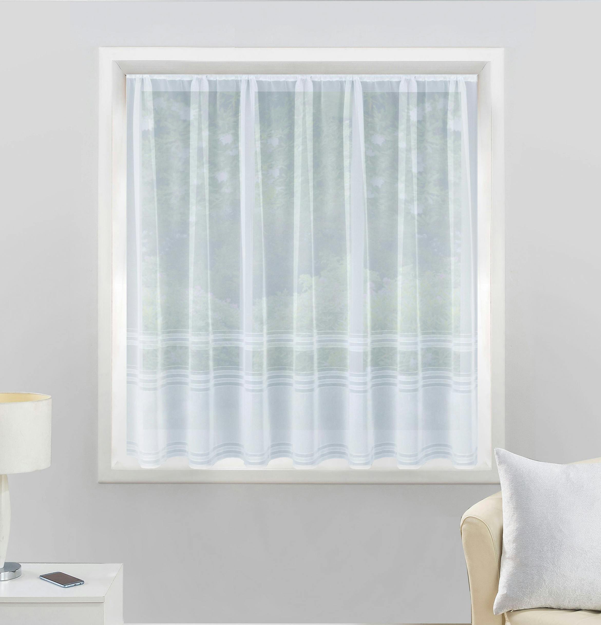 Rackhams White Plain Stripe Sheer Lace Net Curtain - Pre Cut Ready To Hang - 63" (160Cm) - 79" (200Cm)