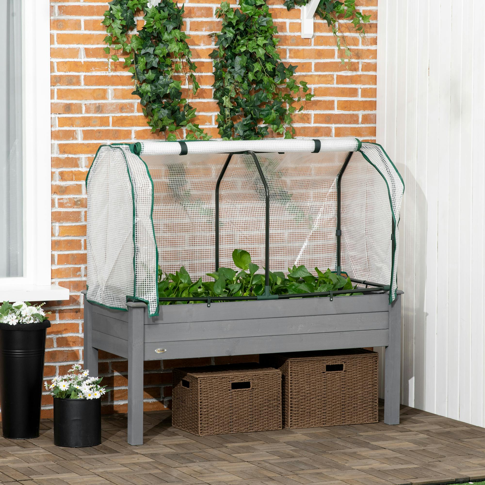 Outsunny Raised Garden Bed W/ Pe Cover Patio Elevated Wood Planter Box Natural