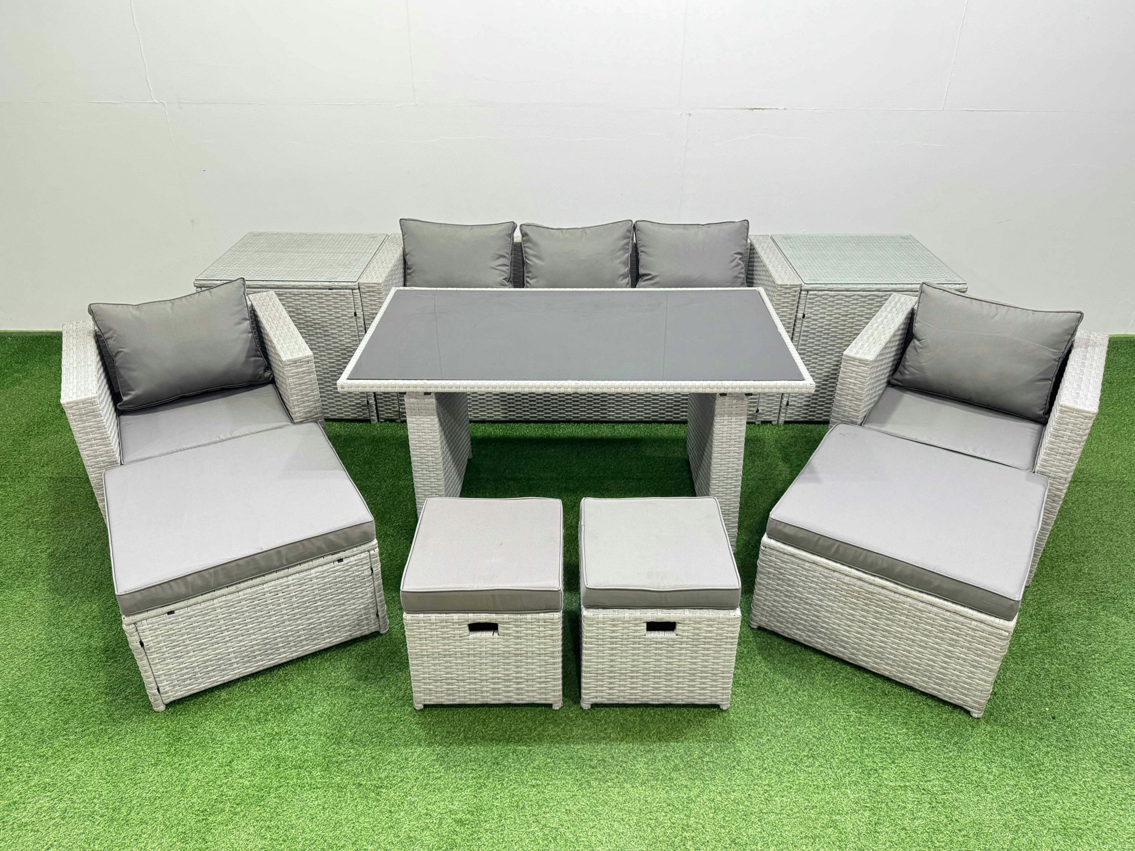 Fimous Black/Light/Grey Patio Garden Furniture Sets With Glass Top Dining Table Armchair 3 Seater Sofa 2 Side Tables 4 Stools