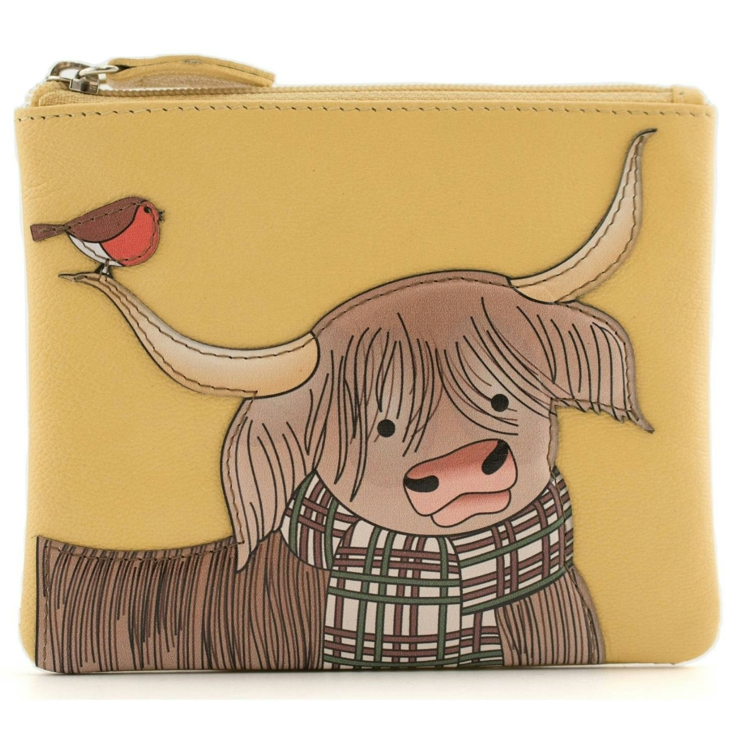 Mala Leather Yellow Callum Highland Cow & Robin Rfid Leather Coin & Card Purse