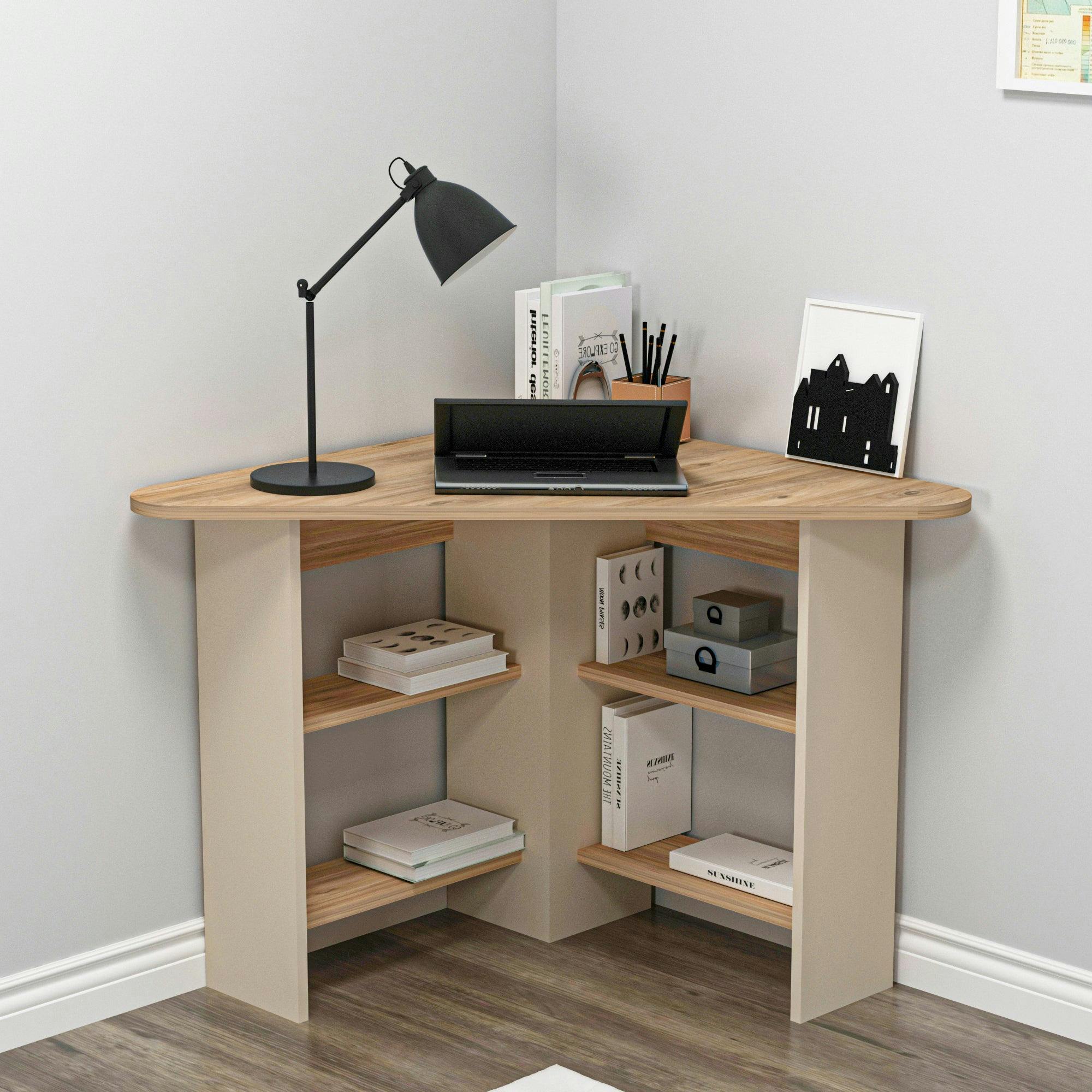 Destina Home Beige Corner Computer Desk With Shelves-Gredos - Atlantic Pine