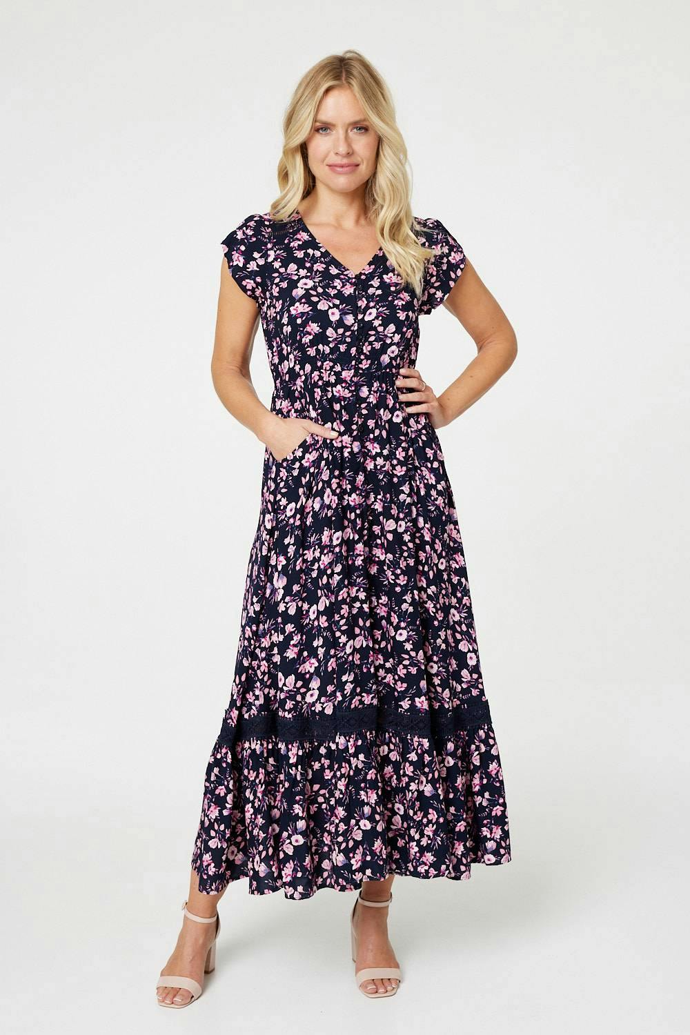 Izabel London Floral Pocket Detail Maxi Dress - 18 - Navy