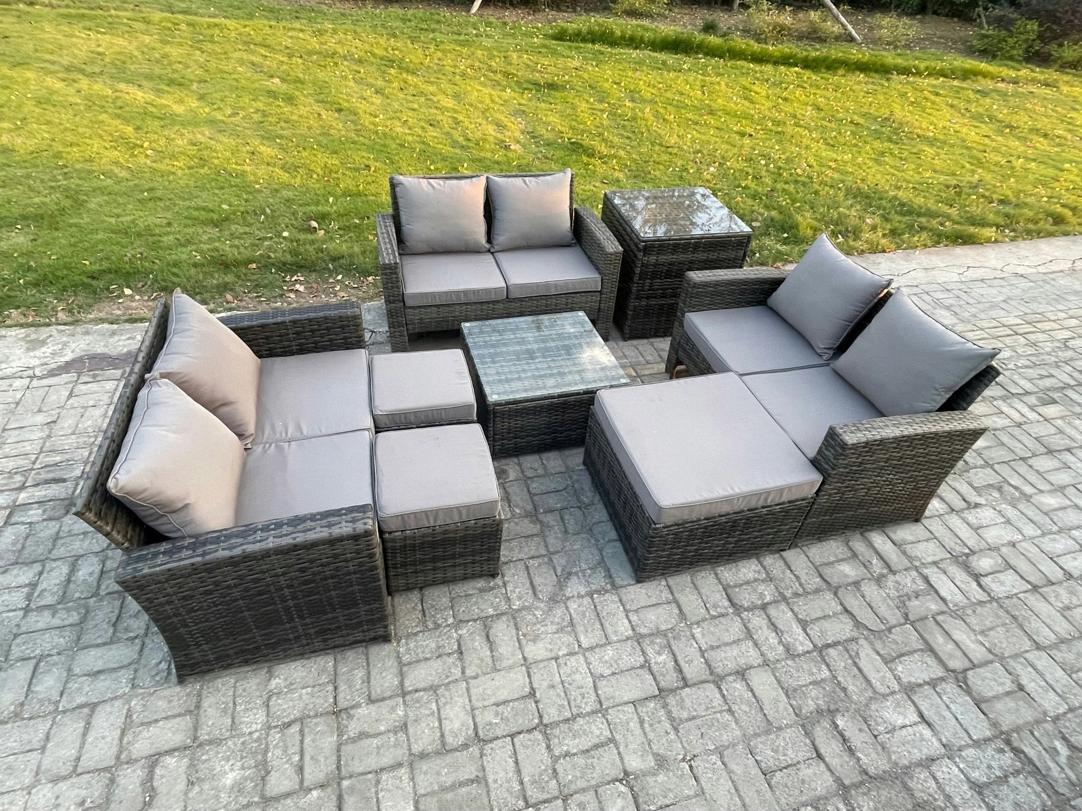 Fimous Dark/Grey Outdoor Lounge Sofa Set Wicker Pe Rattan Garden Furniture Set With Square Coffee Table Double Seat Sofa 3 Footstools Side Table Mixed