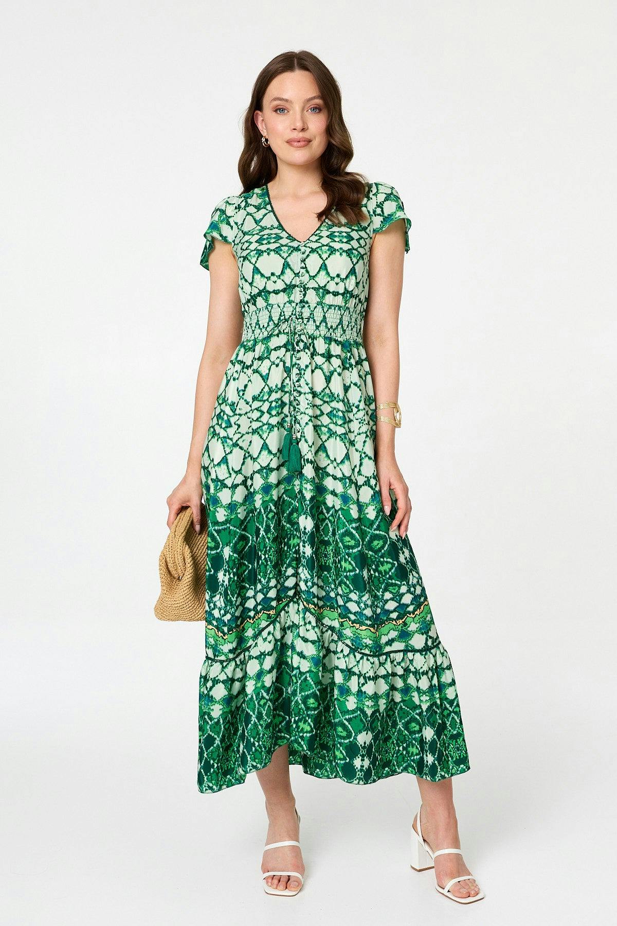 Izabel London Green Abstract Cap Sleeve Shirred Maxi Dress - 10