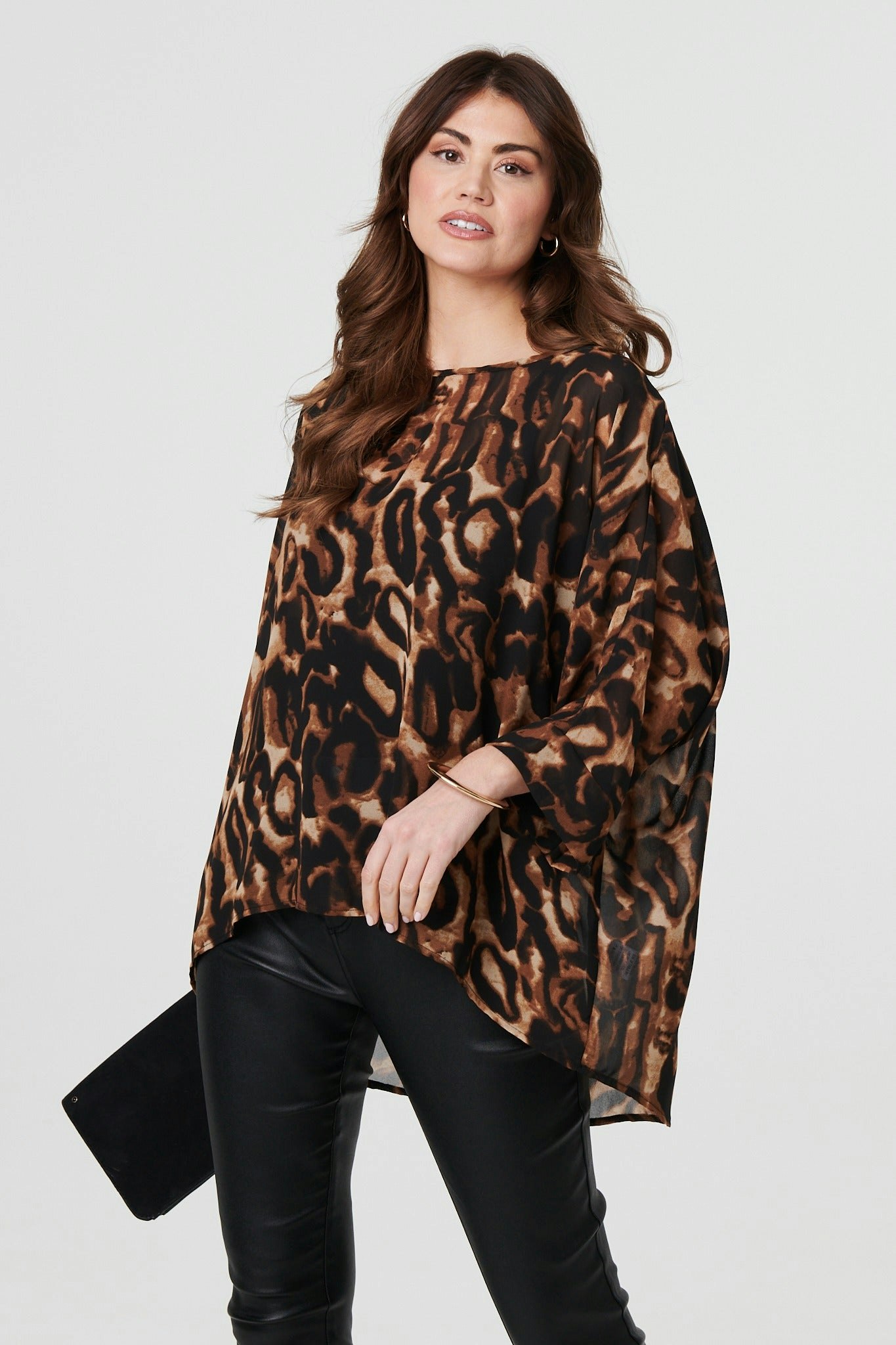 Izabel London Brown Animal Print 3/4 Sleeve Blouse Top - S/M