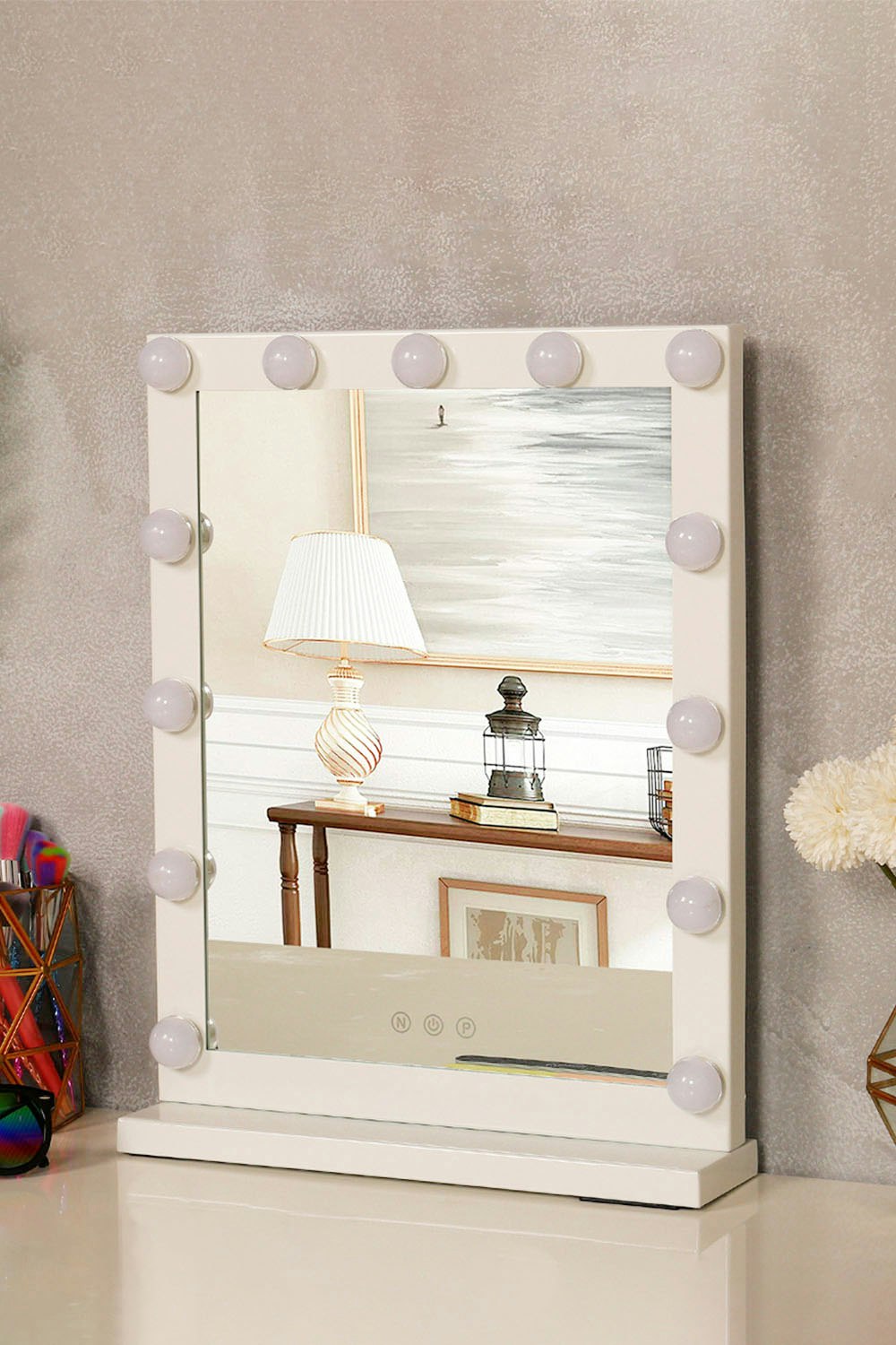 Living And Home White Touch Control Design 3 Color Lighted Hollywood Vanity Makeup Mirror With Usb Charging Port, 42Cm* 54.5Cm