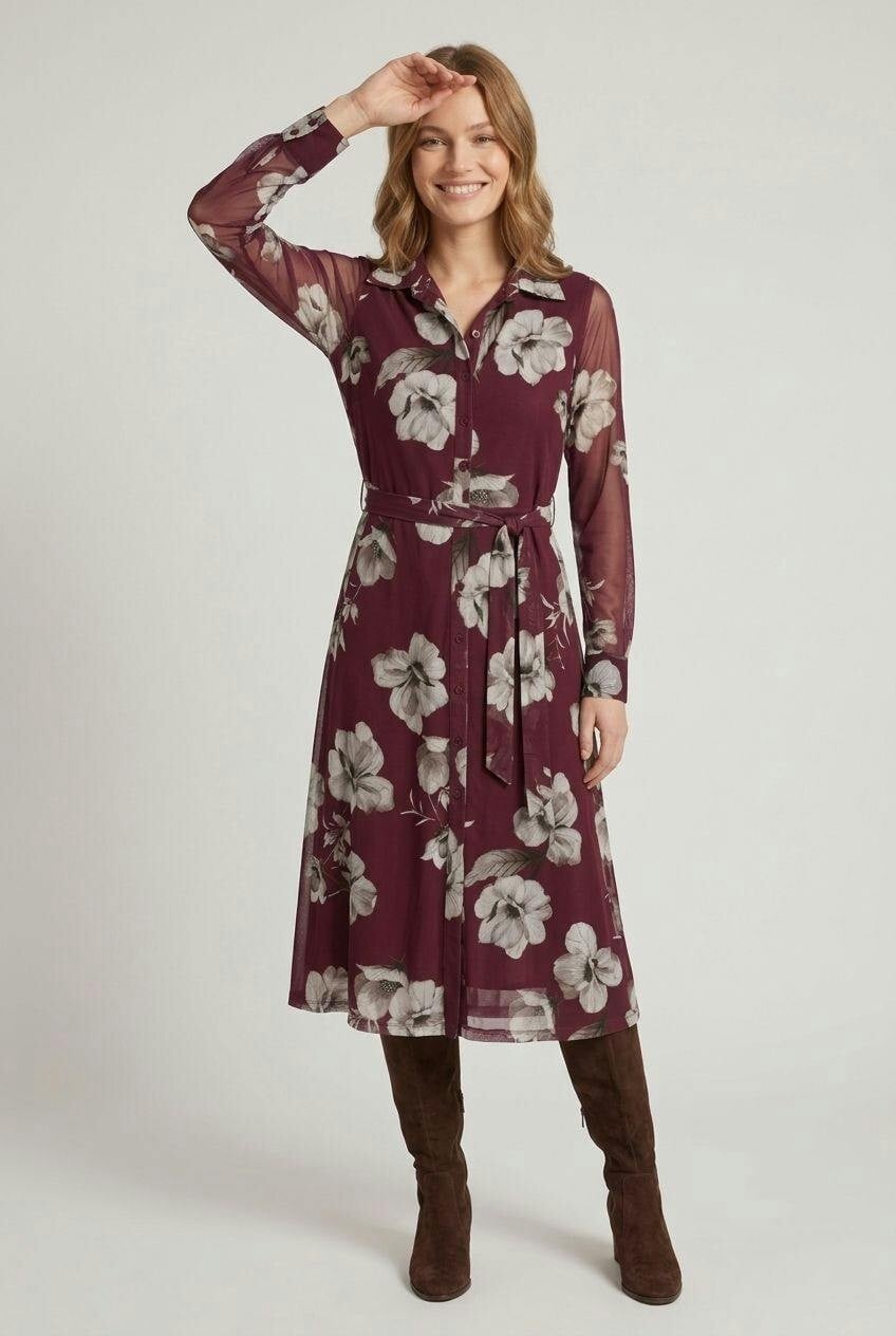 Izabel London Red Floral Sheer Laye Midi Shirt Dress - 12
