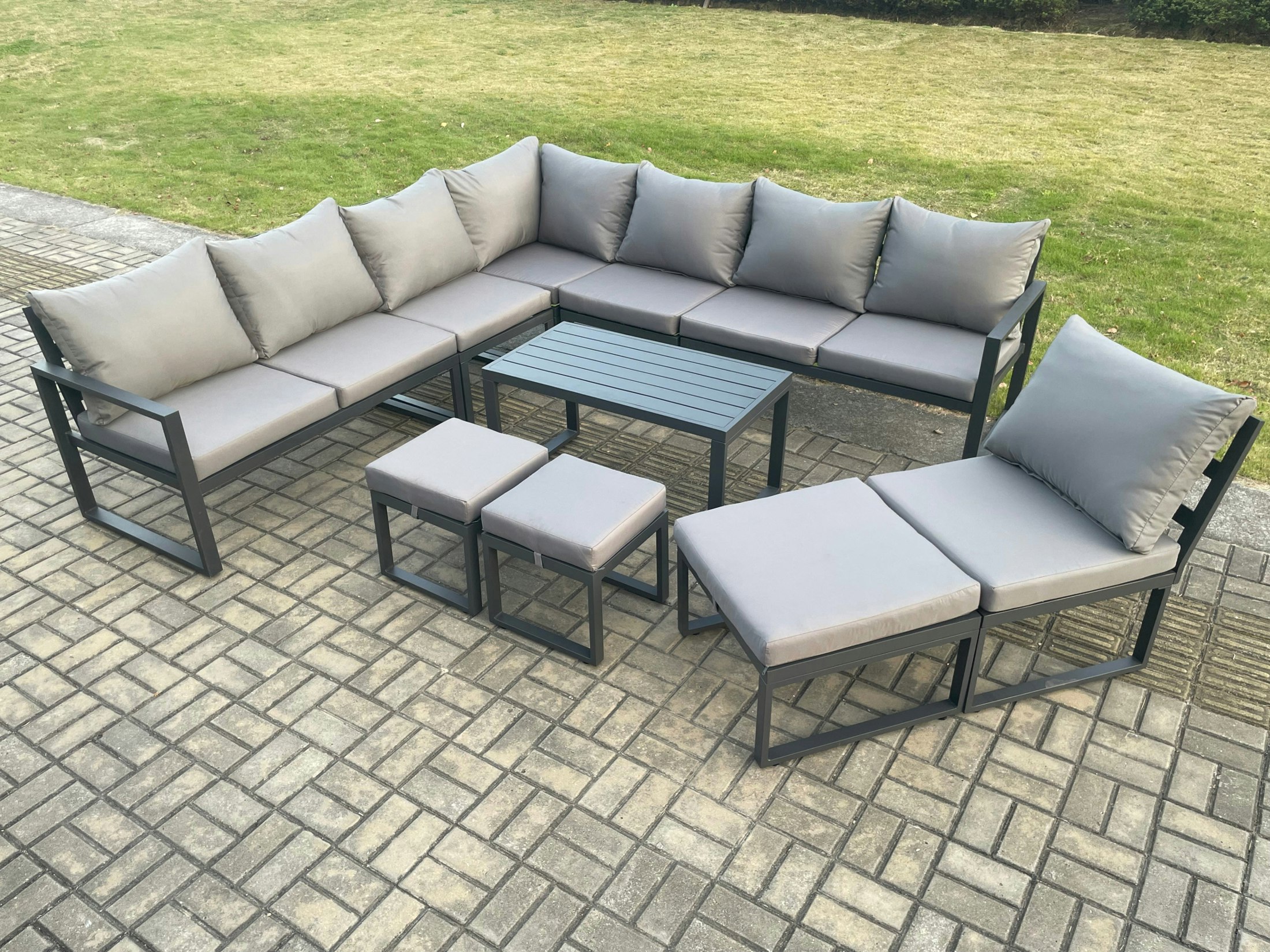 Fimous Dark/Grey Aluminium 11 Seater Patio Outdoor Garden Furniture Lounge Corner Sofa Set With Oblong Coffee Table 3 Footstools