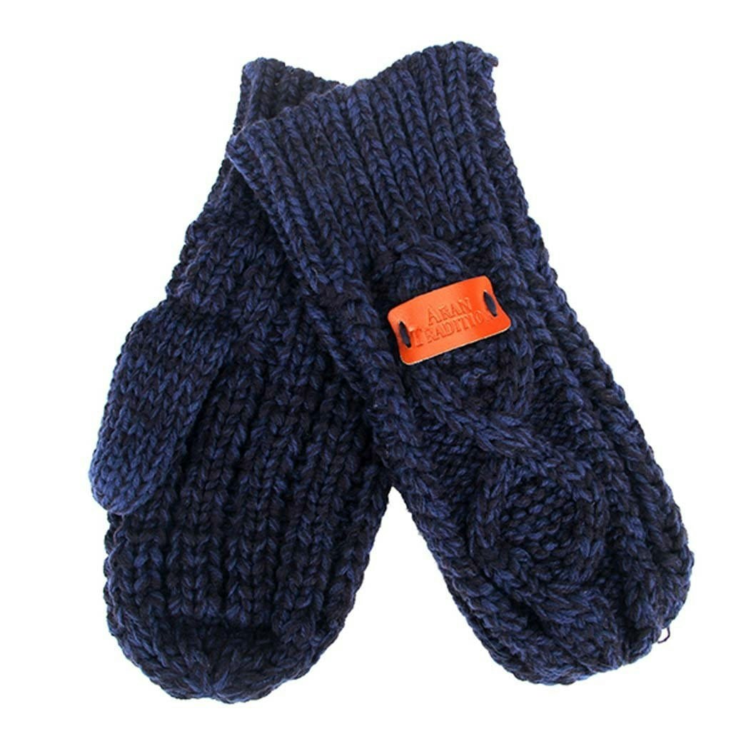 Aran Traditions Silver/Grey Aran Cable Knit Mittens - Navy