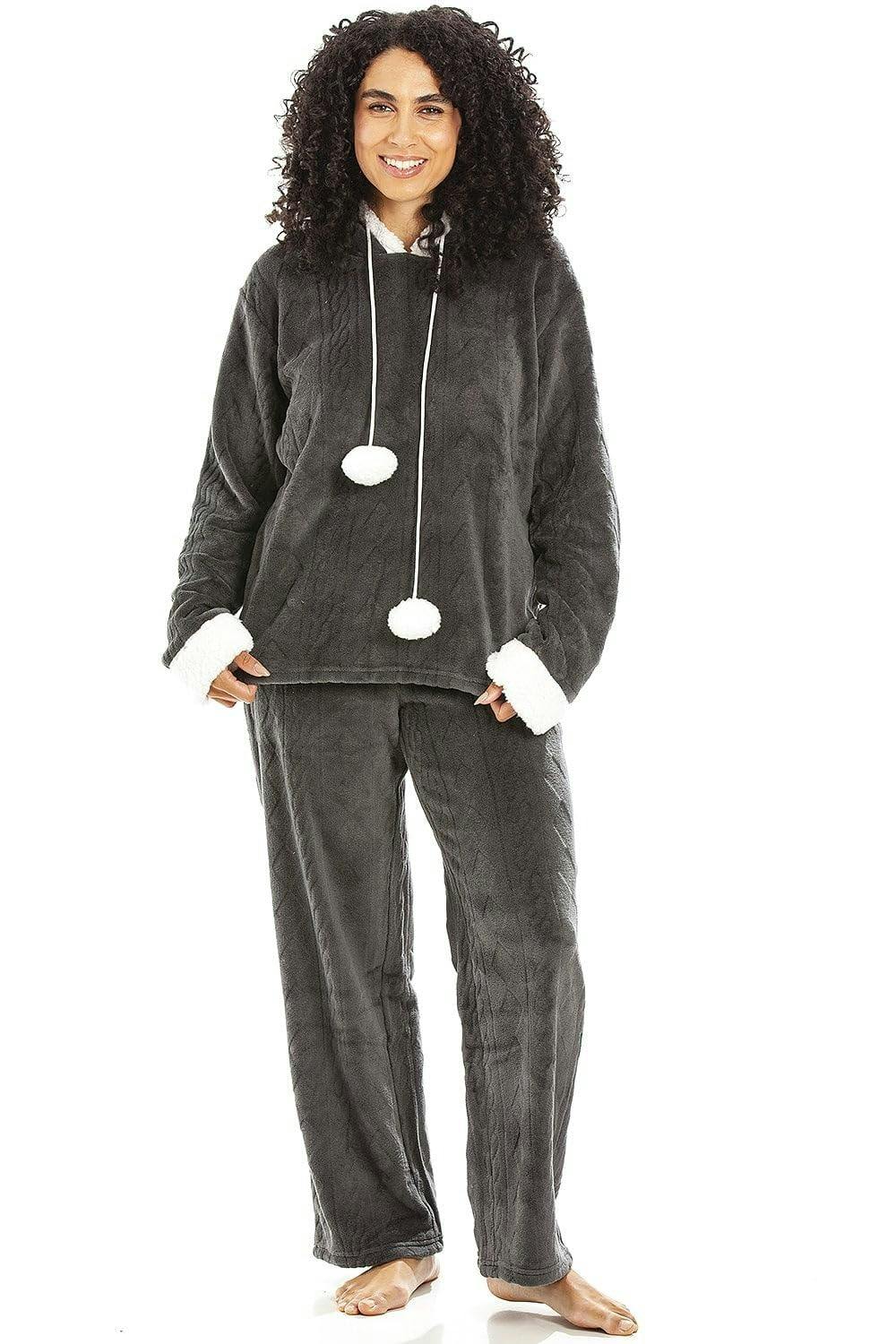 Camille Women's Hooded Pyjama Set Long Sleeve Fleece Nightwear - Charcoal - 18-20