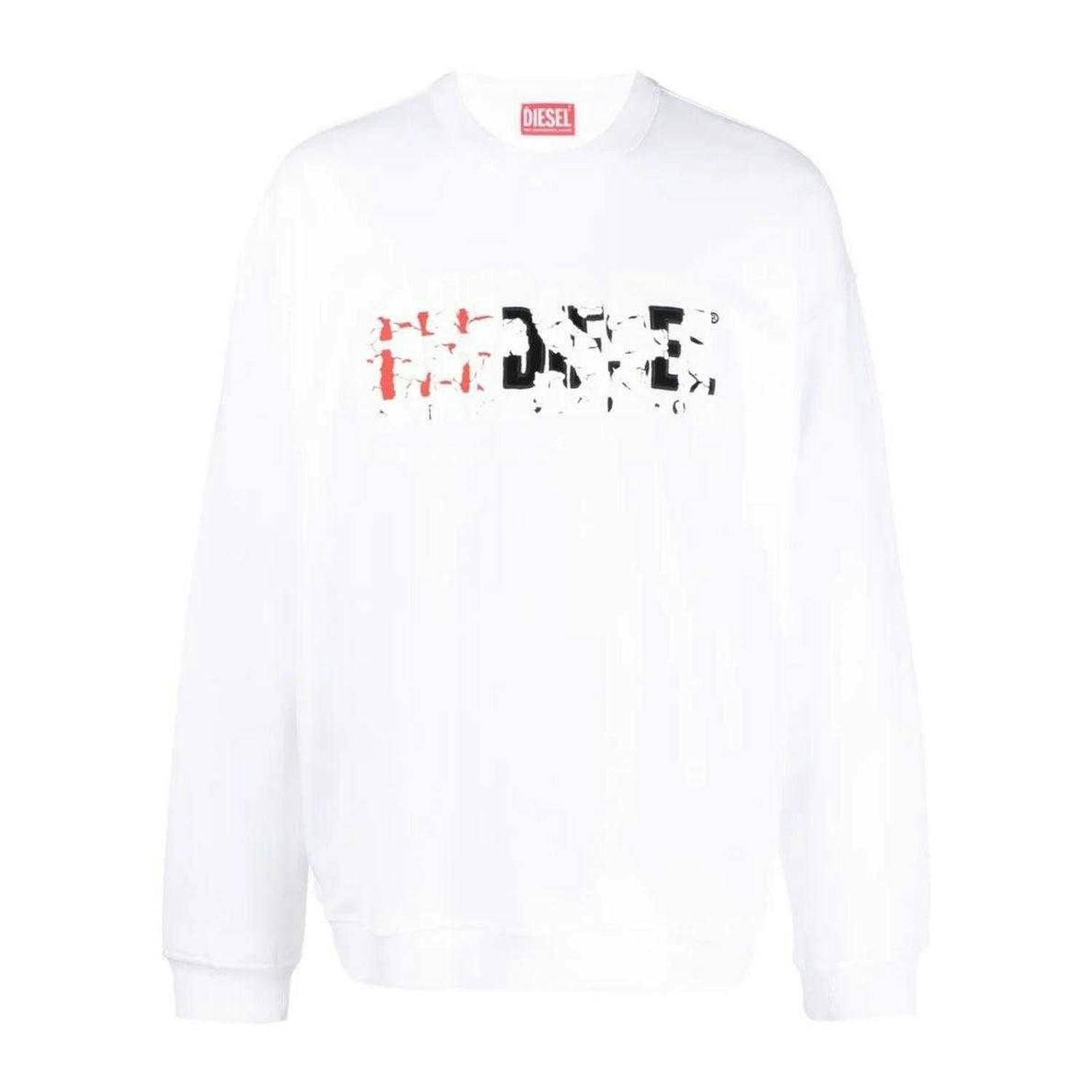 Diesel Men's White Double Destroyed Logo Sweatshirt - L - 100% Cotton
