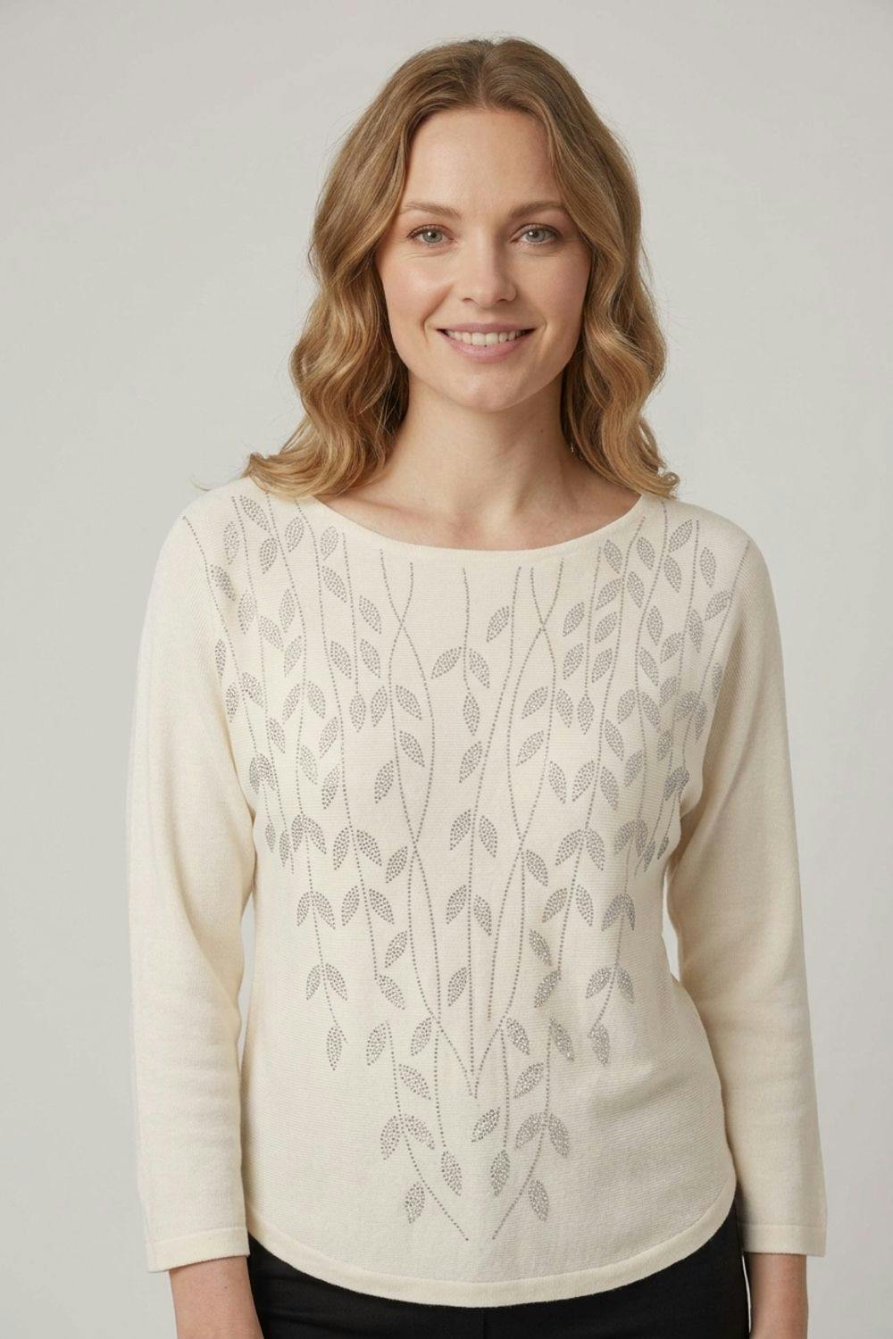 Izabel London White Sparkle Leaf Detail Batwing Jumper - S