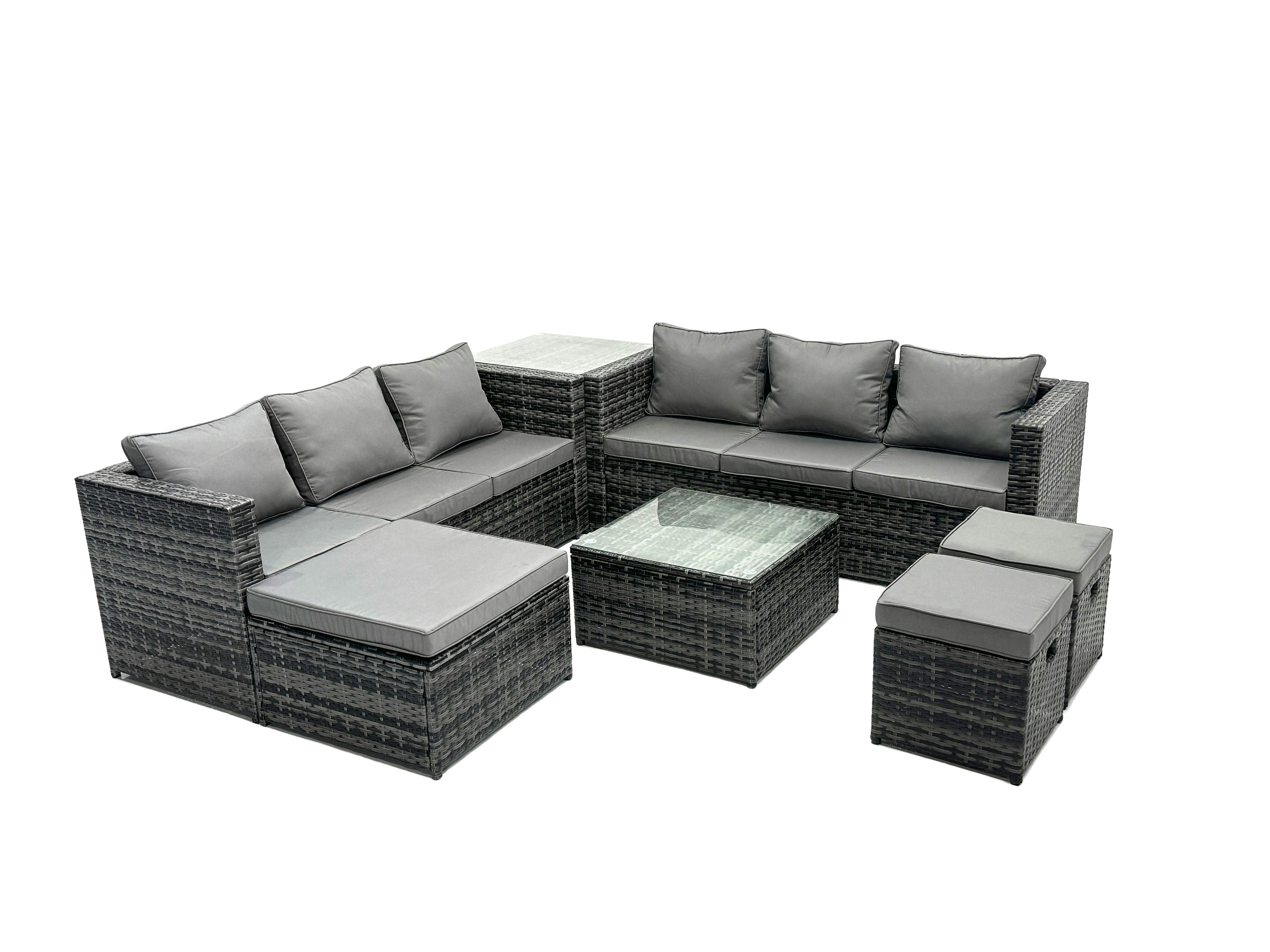 Fimous Dark/Grey Outdoor Rattan Garden Furniture Set 9 Seater Patio Lounge Sofa Set With Square Coffee Table Side Table 3 Footstools Mixed