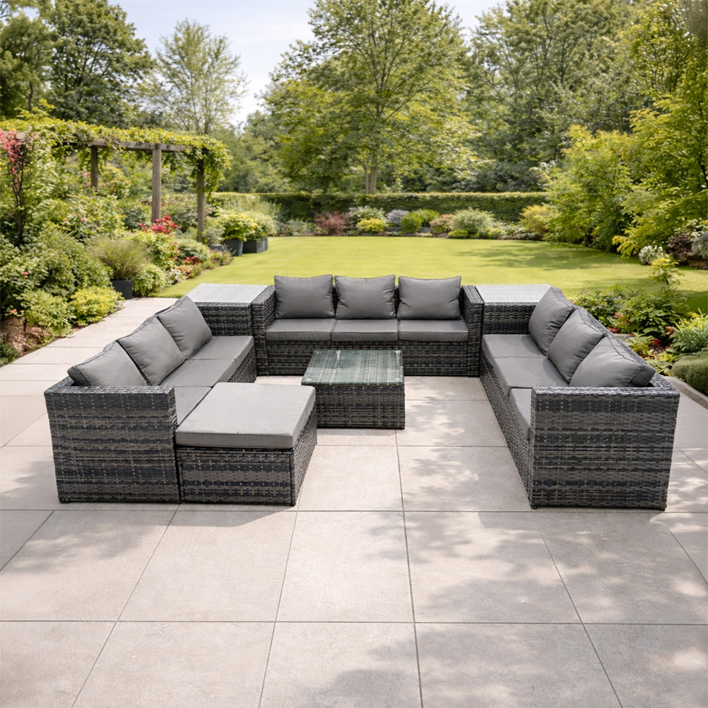 Rackhams Dark/Grey 10 Seater U Shape Rattan Sofa Set Patio With 3 Sofas, Footstool, Coffee Table & 2 Side Tables
