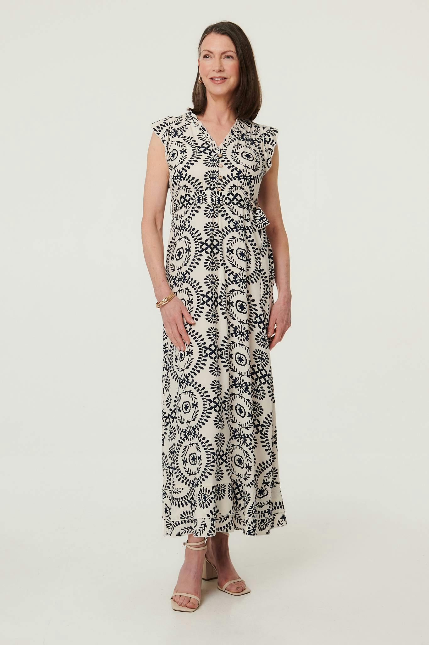 Izabel London Cream Printed Cap Sleeve Tie Waist Maxi Dress - 18