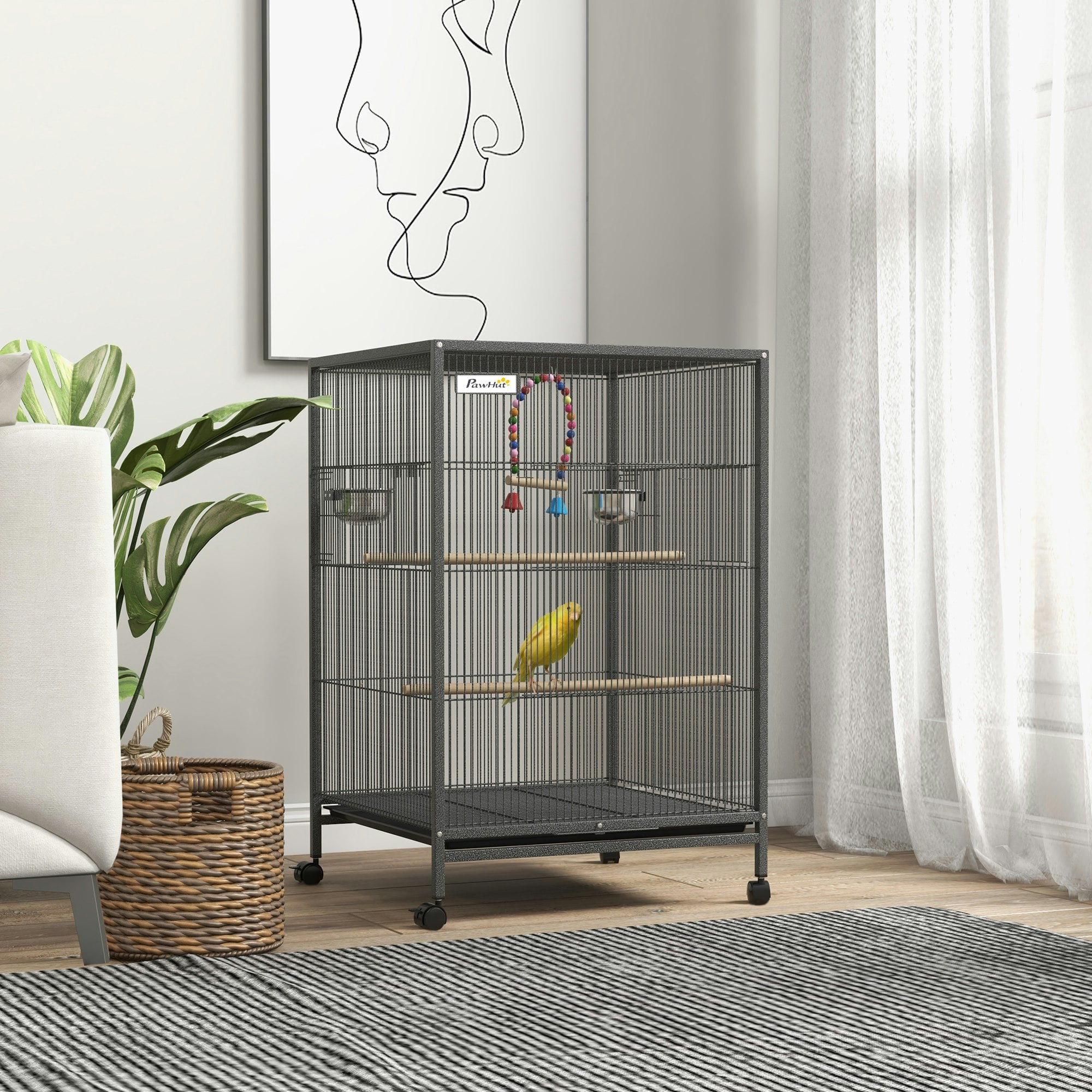 Pawhut Grey Bird Cage With Rolling Stand For Small Birds