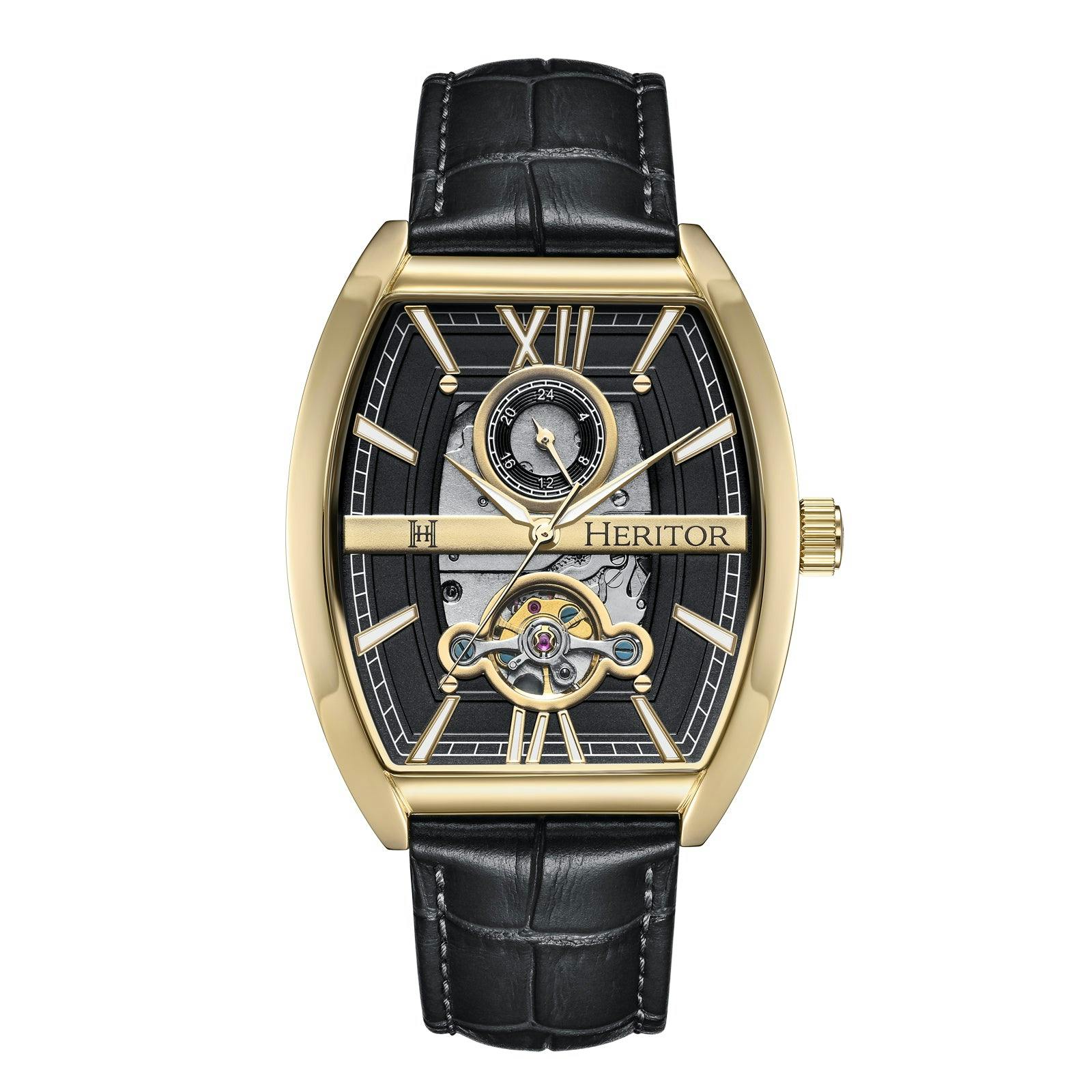 Heritor Automatic Gold/Black Masterson Semi-Skeleton Leather-Band Watch