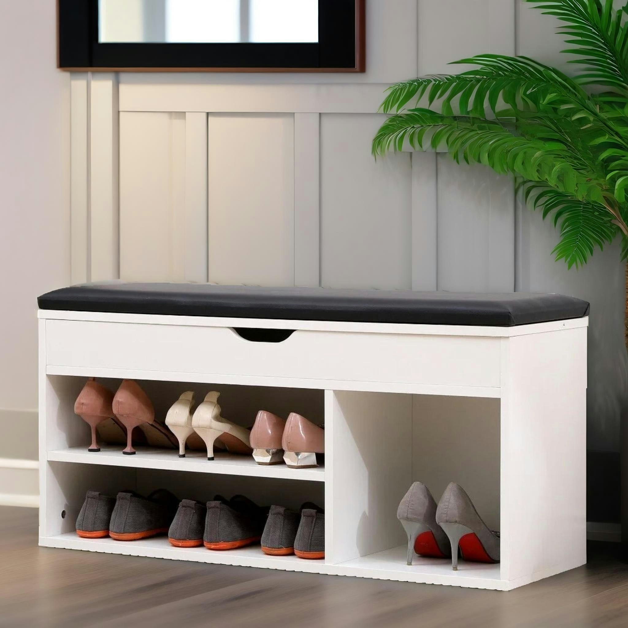 Rafaelo Mobilia White Shoe Storage Bench 90Cm
