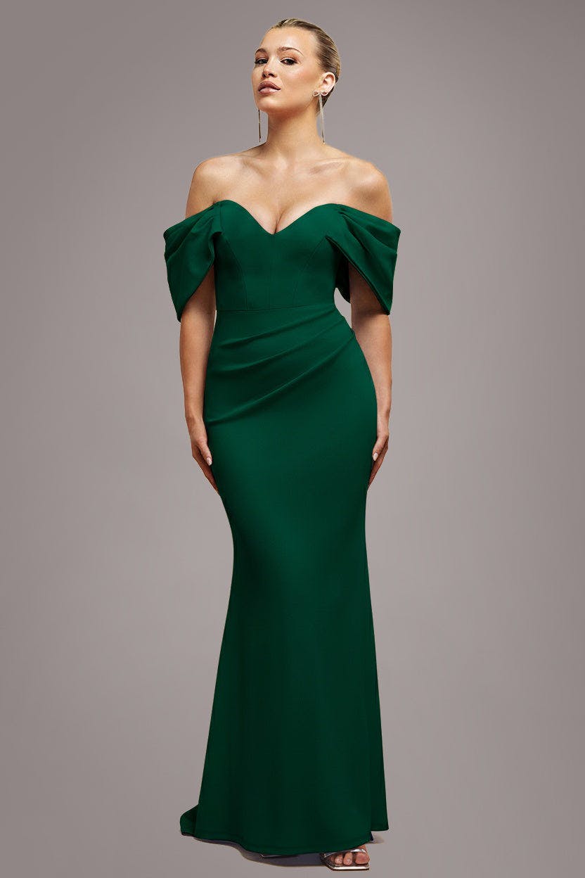 Goddiva Green Off The Shoulder Draped Sleeve Maxi Dress - Emerald By - Emerald - 16